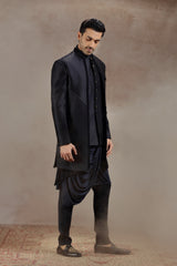 Black Silk Indowestern With All-Over Line Embroidery
