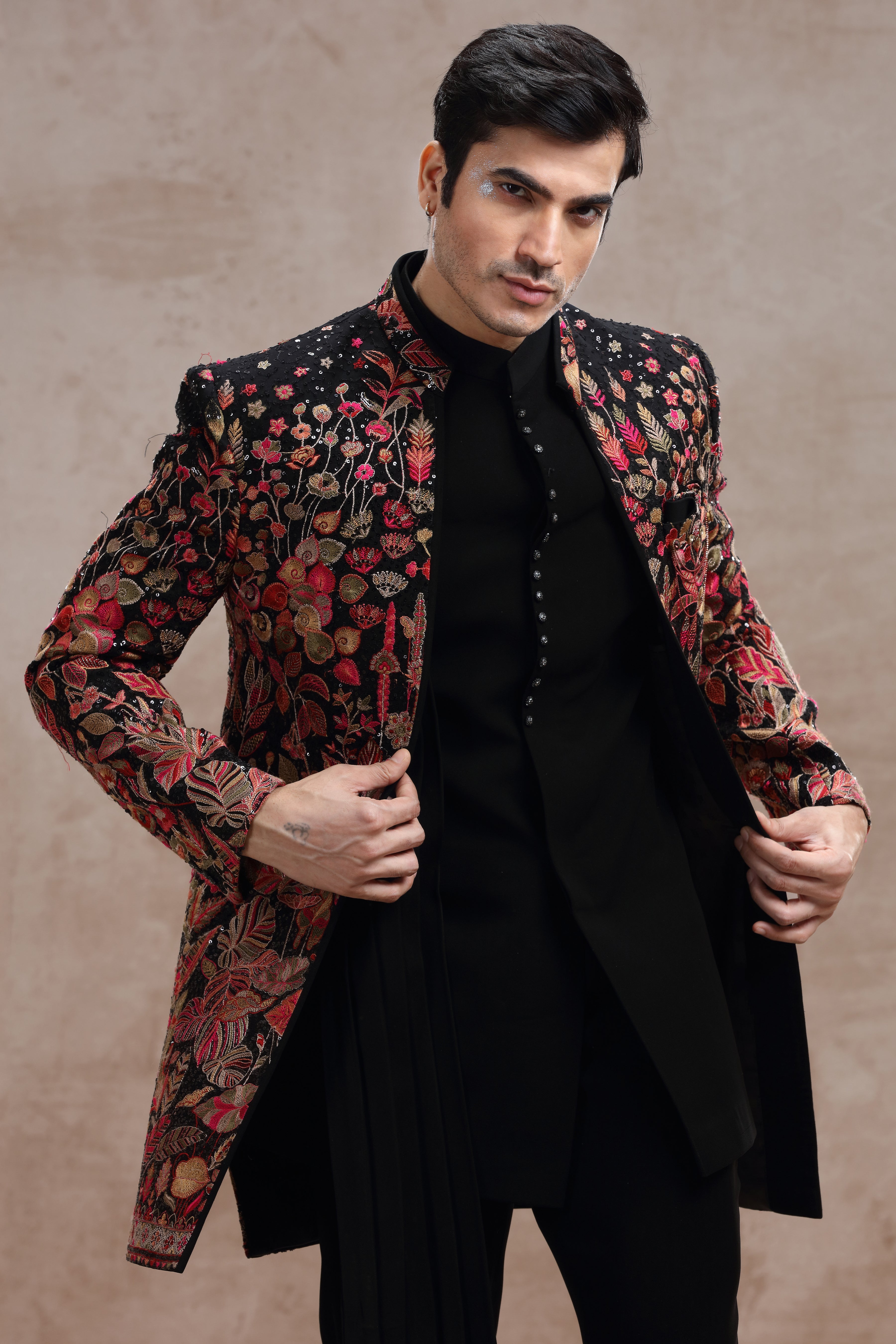 Black Indo Western Suit with Floral Thread & Sequence Embroidery