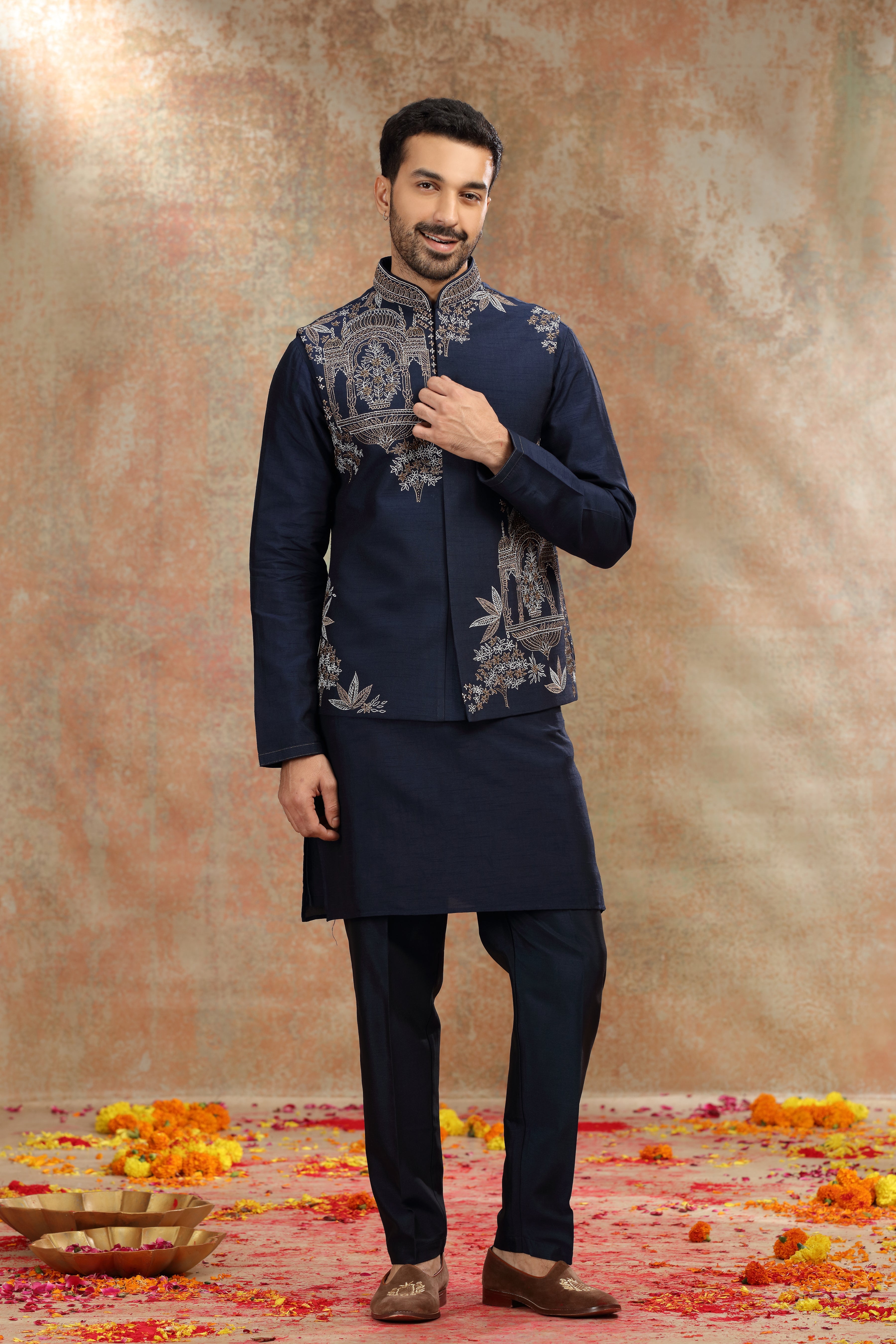 Navy Blue Silk Koti Kurta with Resham & Cutdana Work