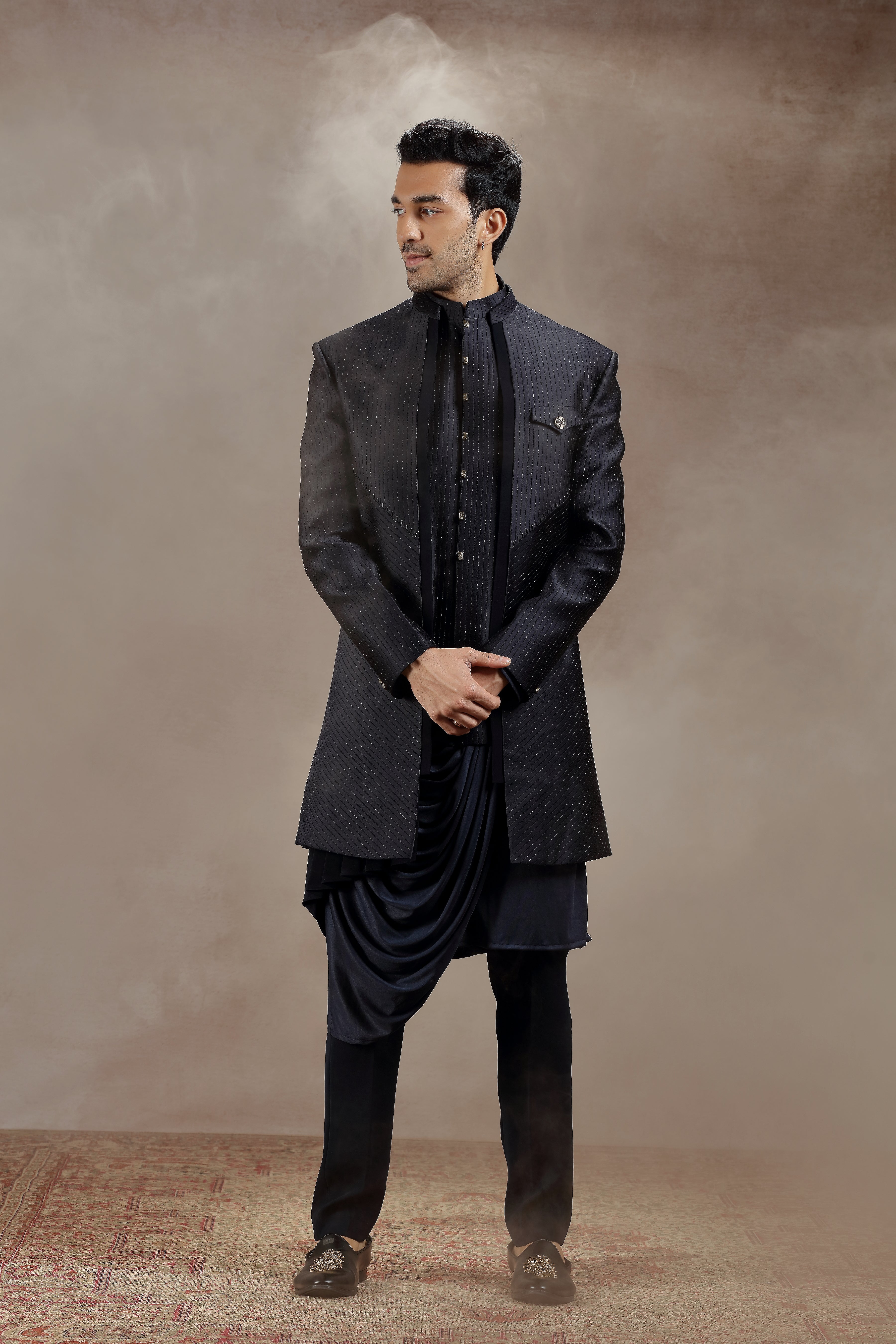 Black Silk Indowestern With All-Over Line Embroidery - Shreeman