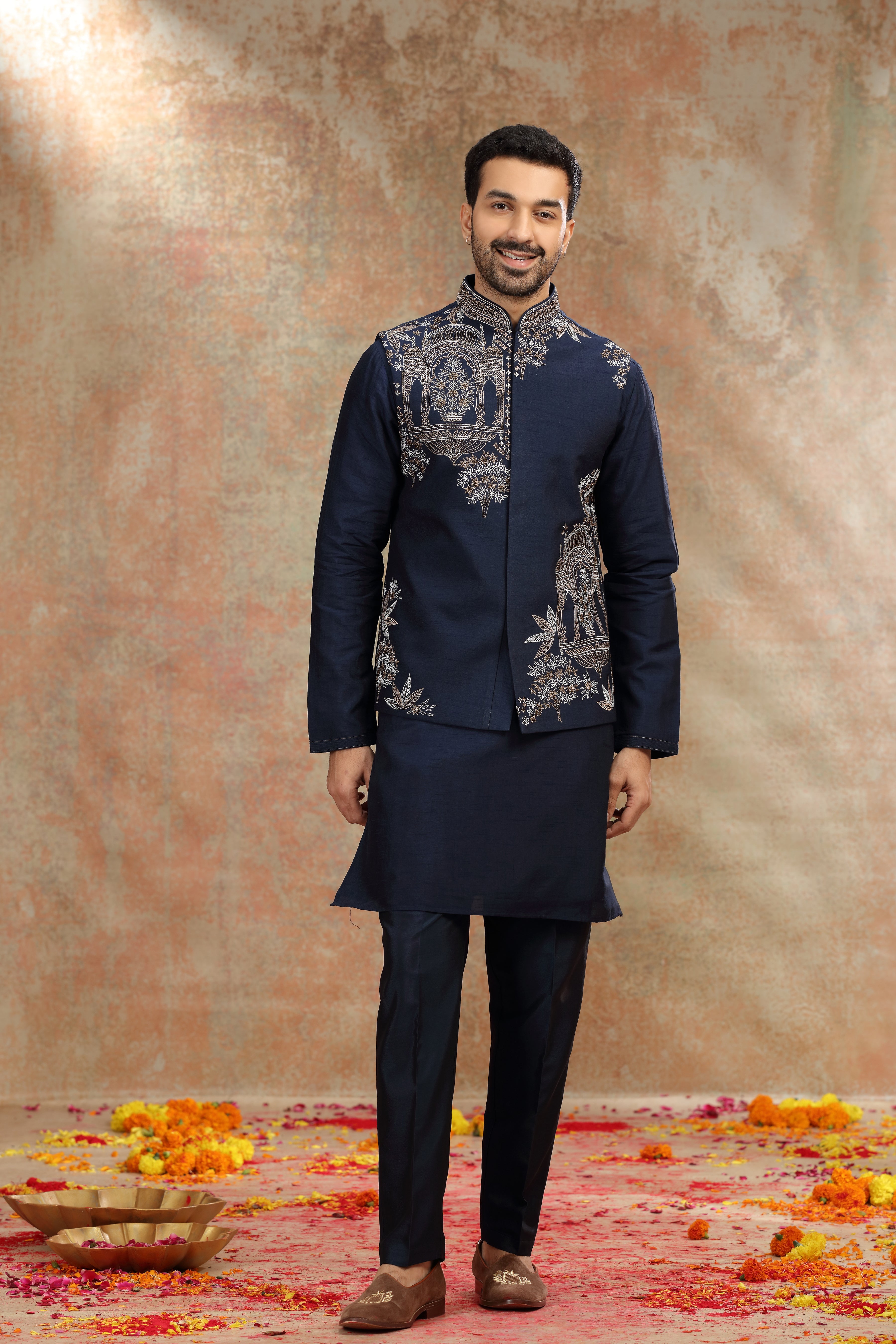 Navy Blue Silk Koti Kurta with Resham & Cutdana Work