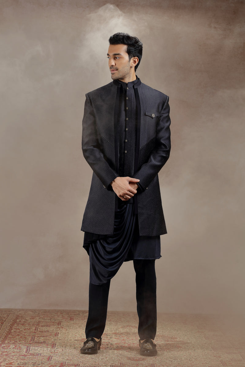 Black Silk Indowestern With All-Over Line Embroidery