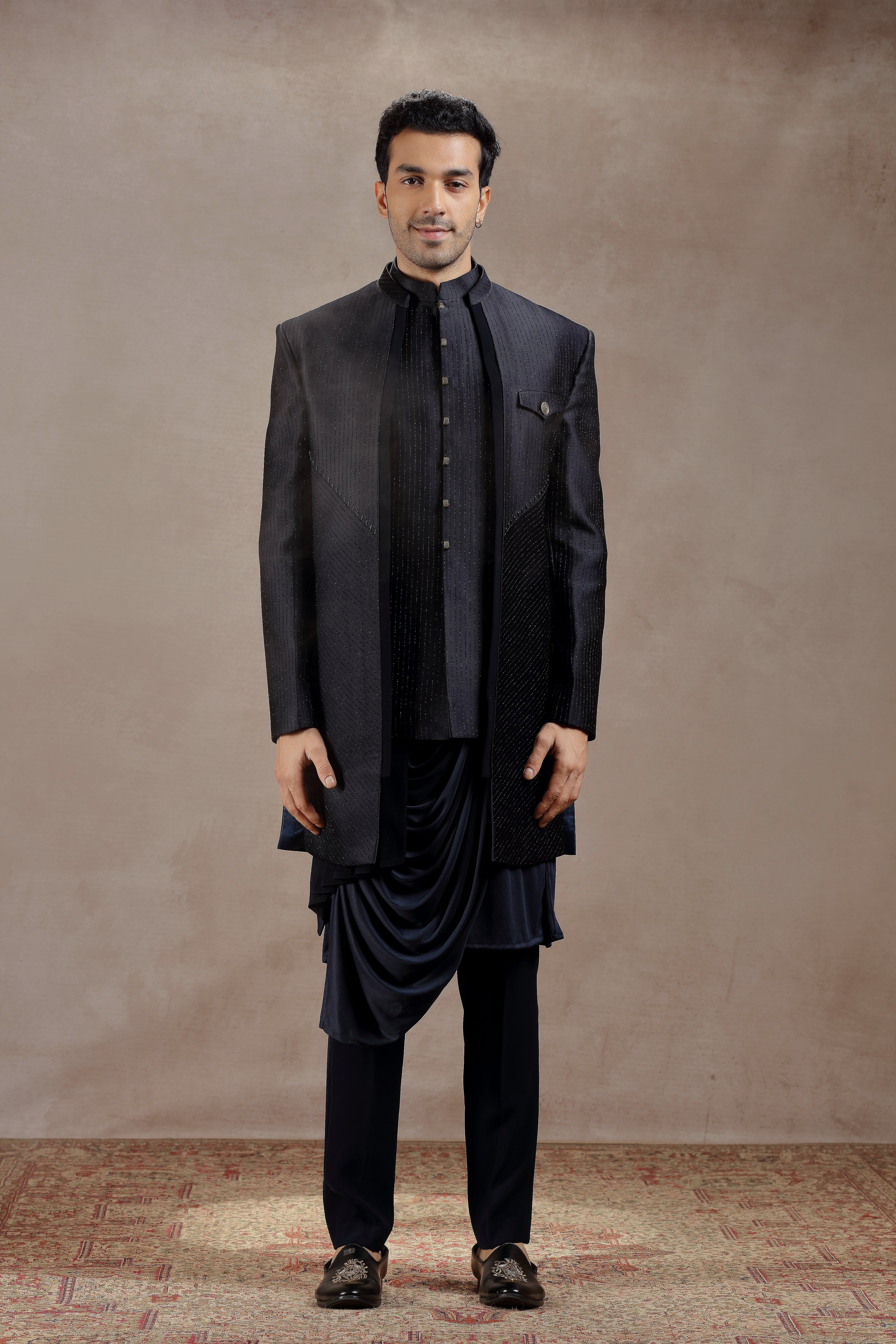 Black Silk Indowestern With All-Over Line Embroidery - Shreeman