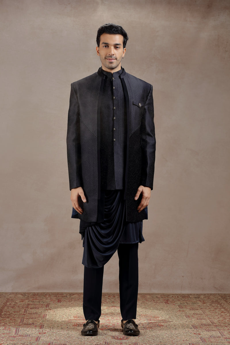 Black Silk Indowestern With All-Over Line Embroidery