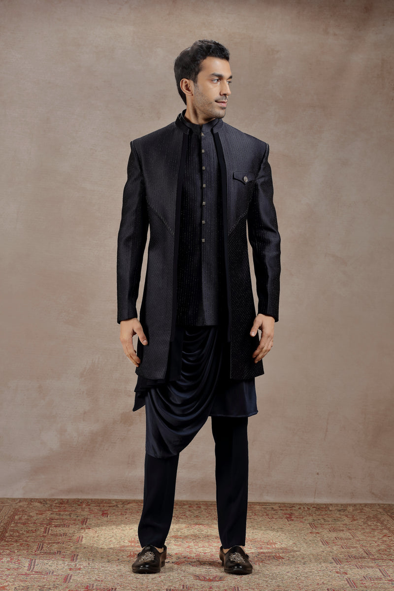 Black Silk Indowestern With All-Over Line Embroidery