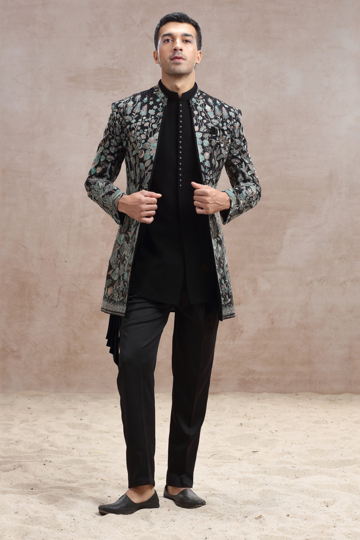 Buy Black Silk Indo Western Suit with Floral Thread | Shreeman