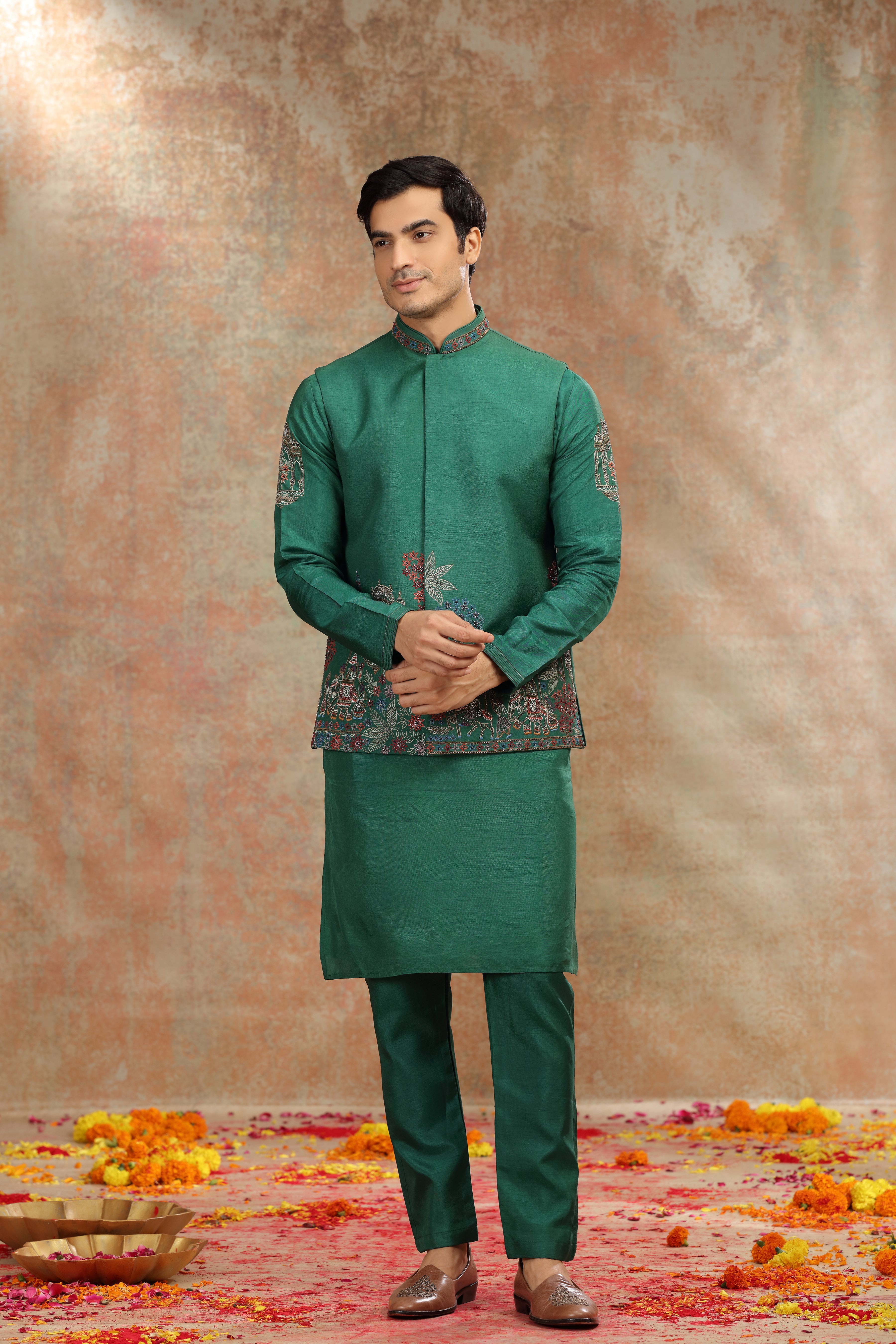 Dark Green Silk Koti Kurta Set with Resham, Cutdana