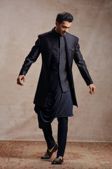 Black Silk Indowestern With All-Over Line Embroidery