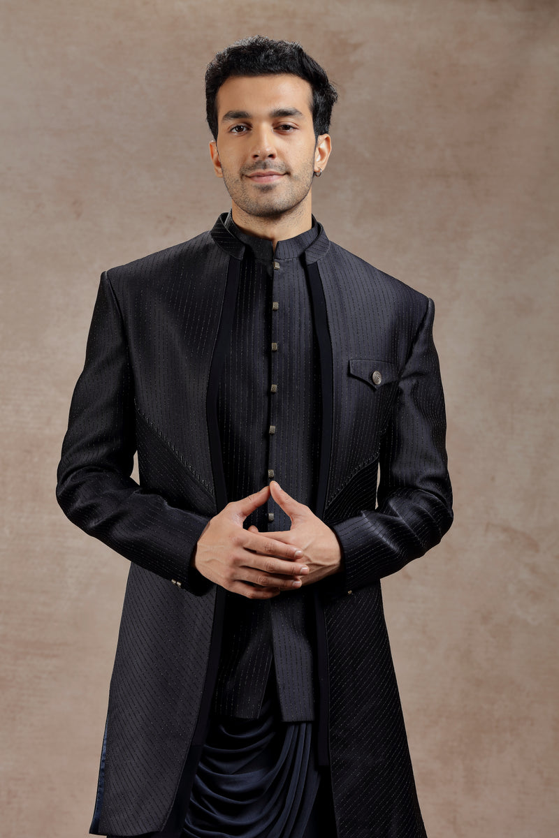 Black Silk Indowestern With All-Over Line Embroidery