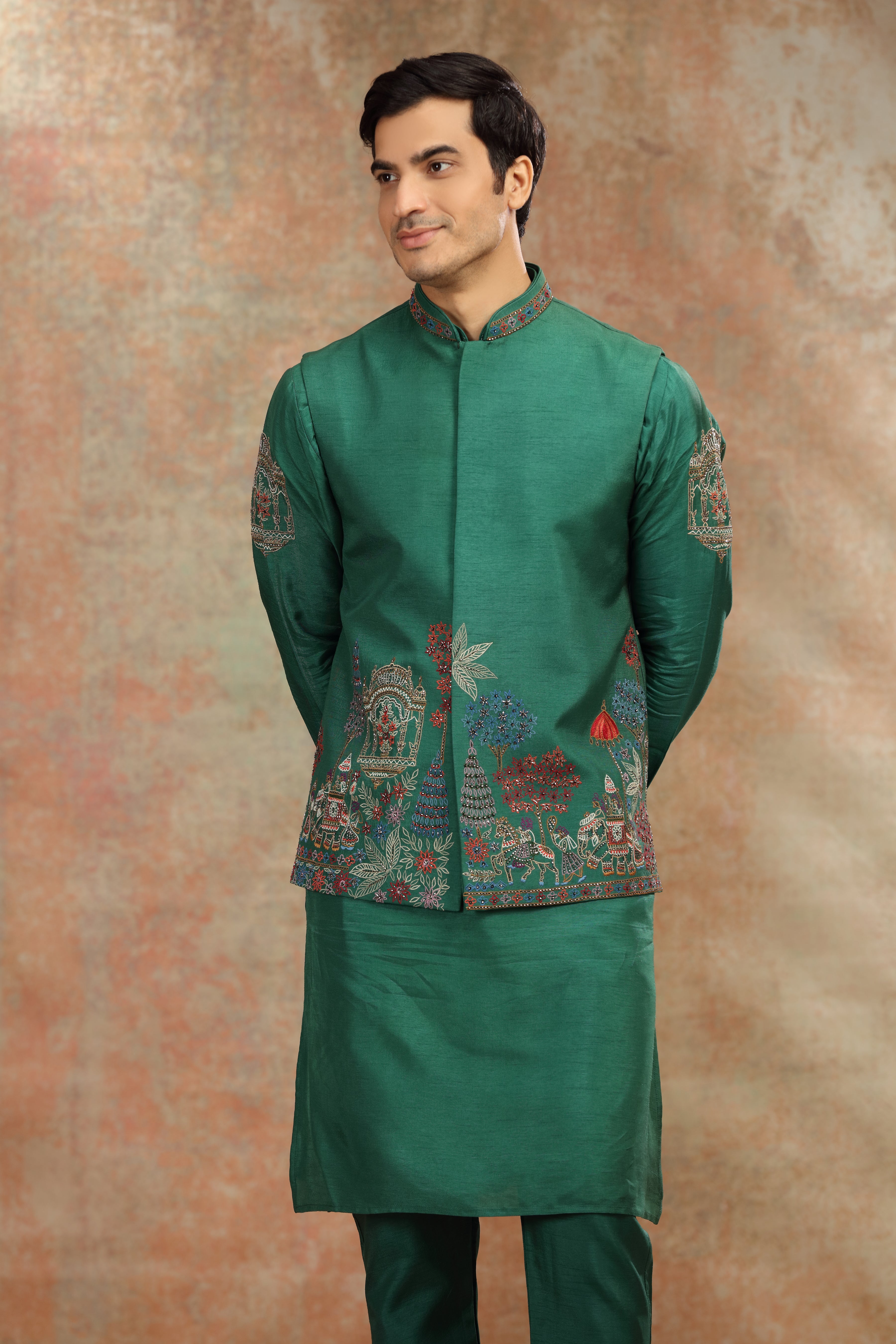 Dark Green Silk Koti Kurta Set with Resham, Cutdana