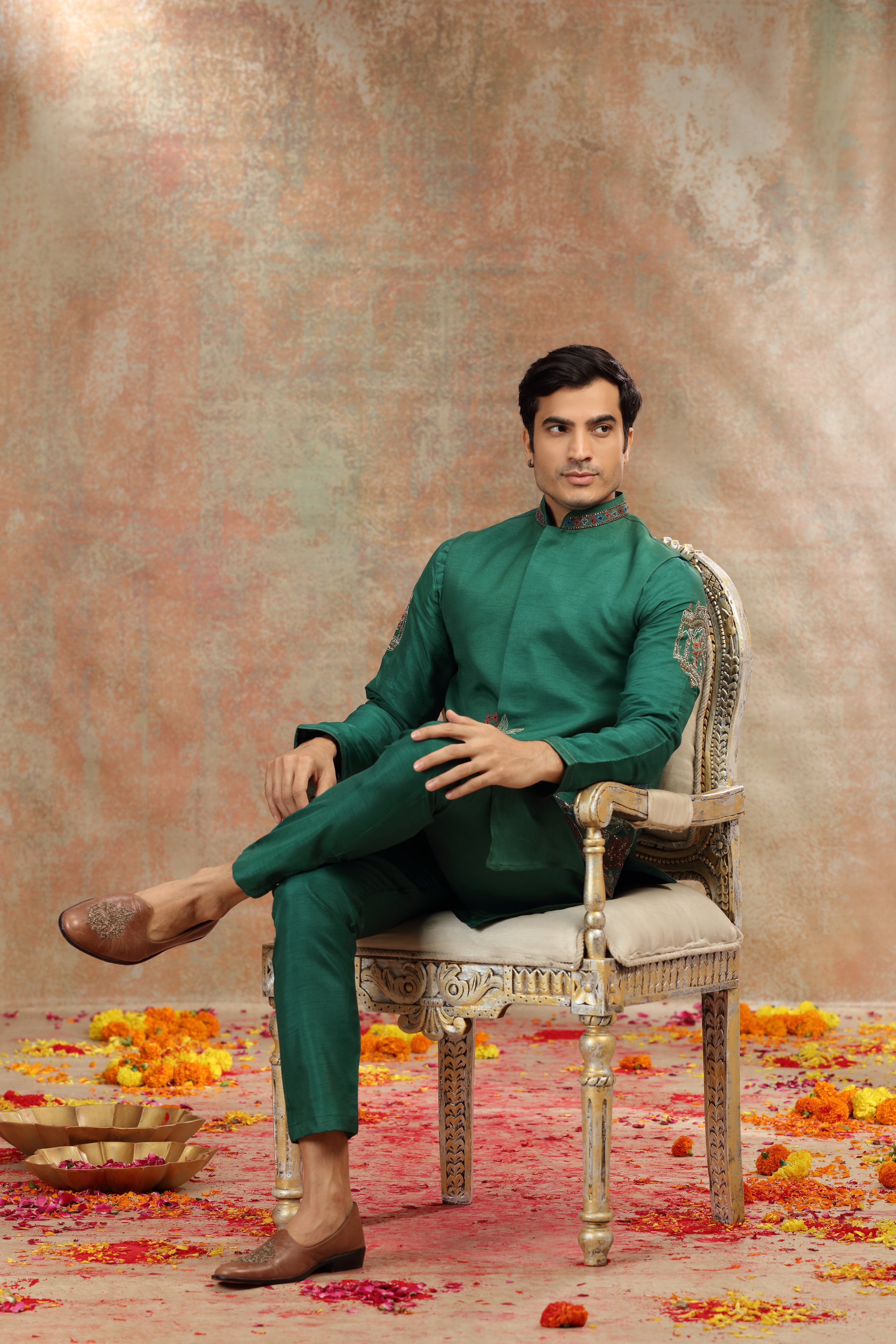 Dark Green Silk Koti Kurta Set with Resham, Cutdana