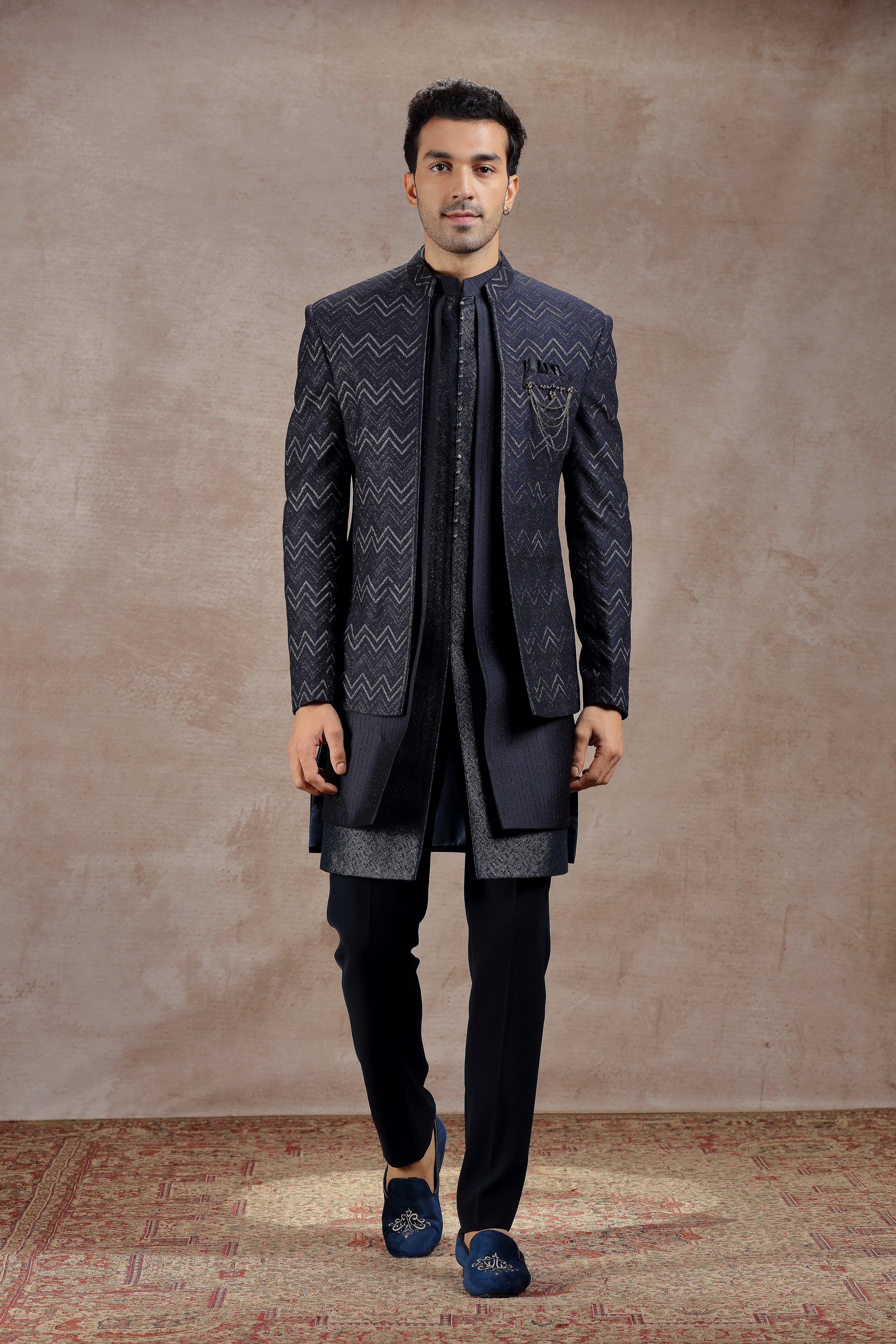 Dark Blue Silk Indowestern With Kasab Embroidery - Shreeman