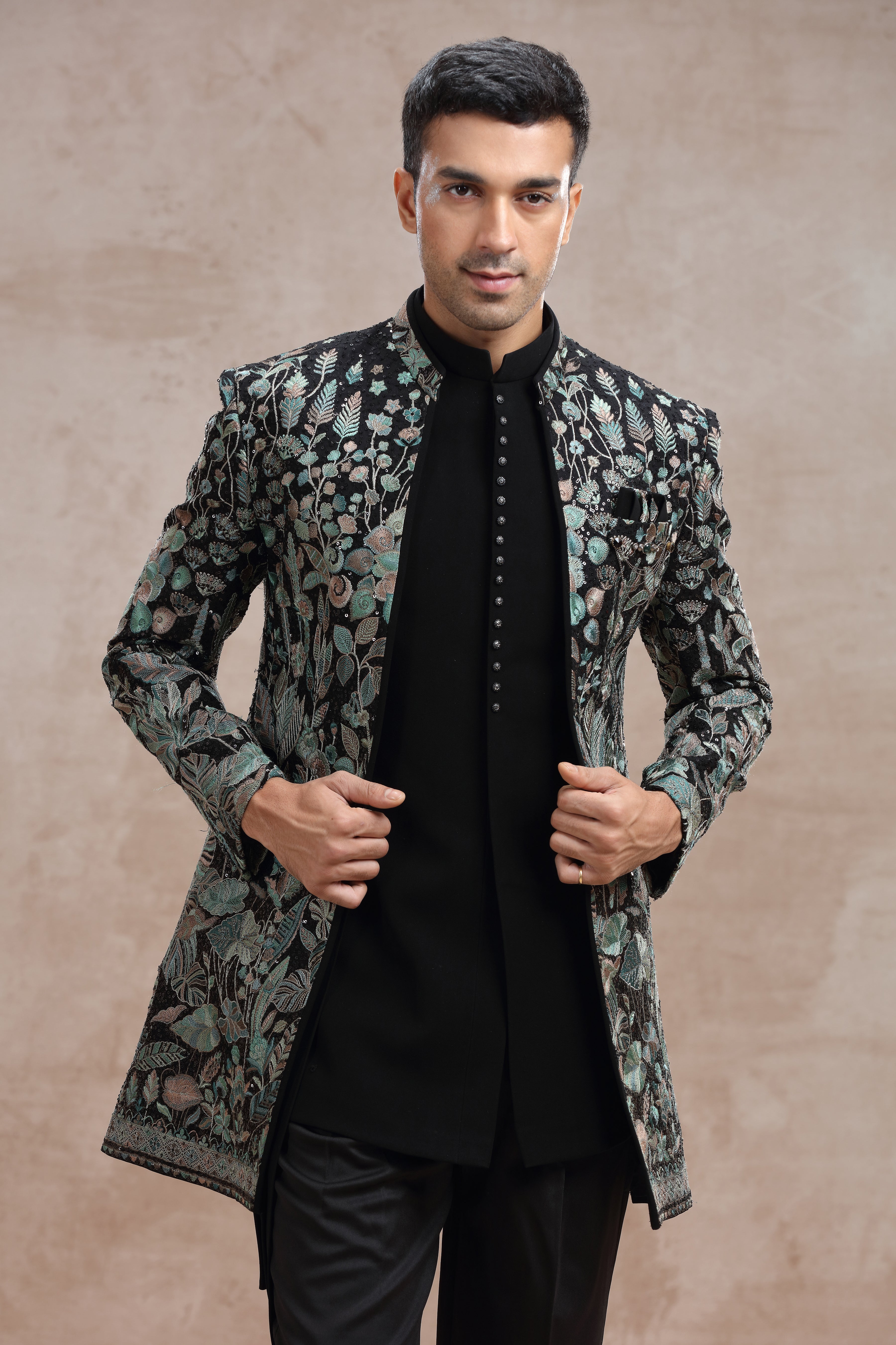 Black Silk Indo Western Suit with Floral Thread