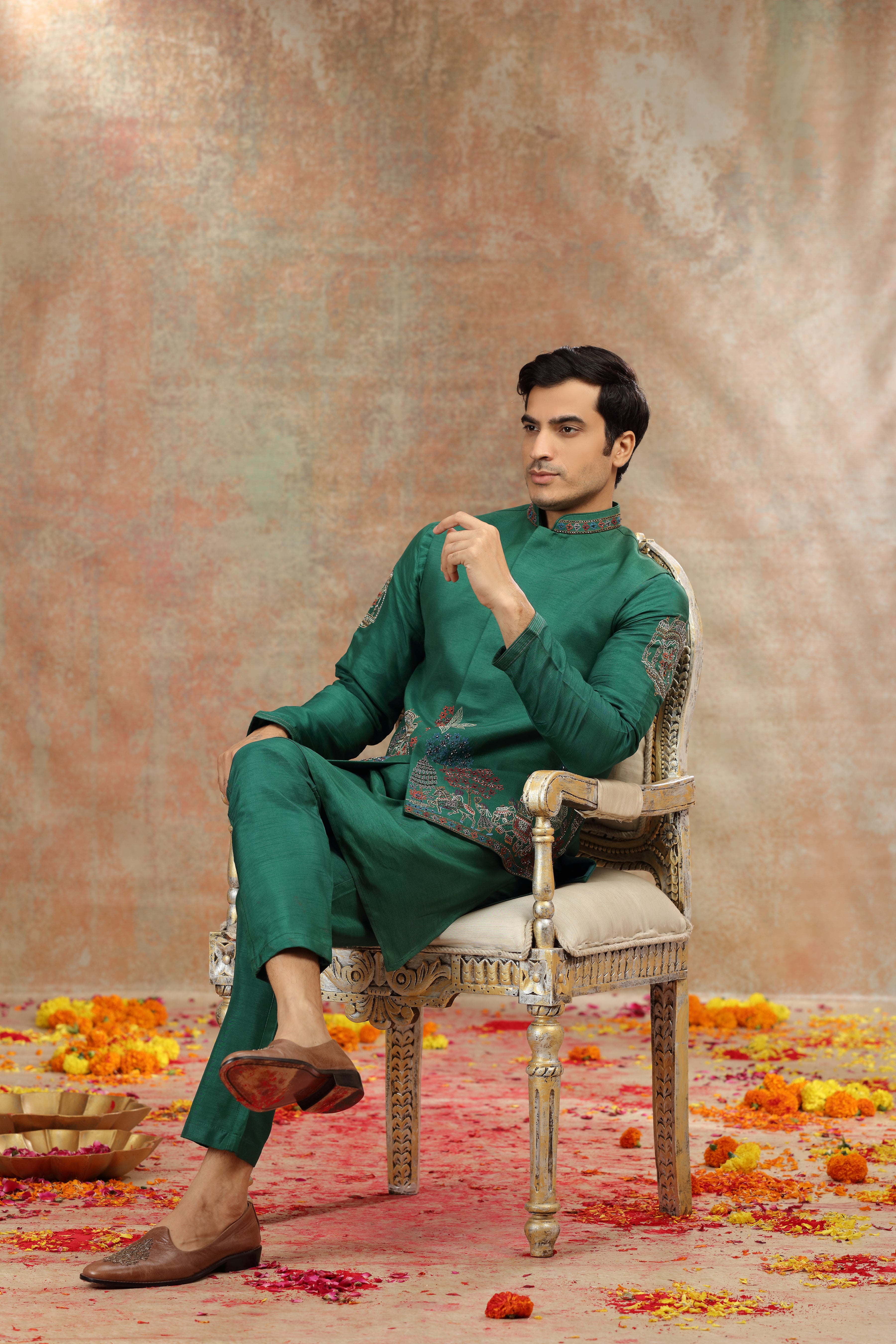 Dark Green Silk Koti Kurta Set with Resham, Cutdana