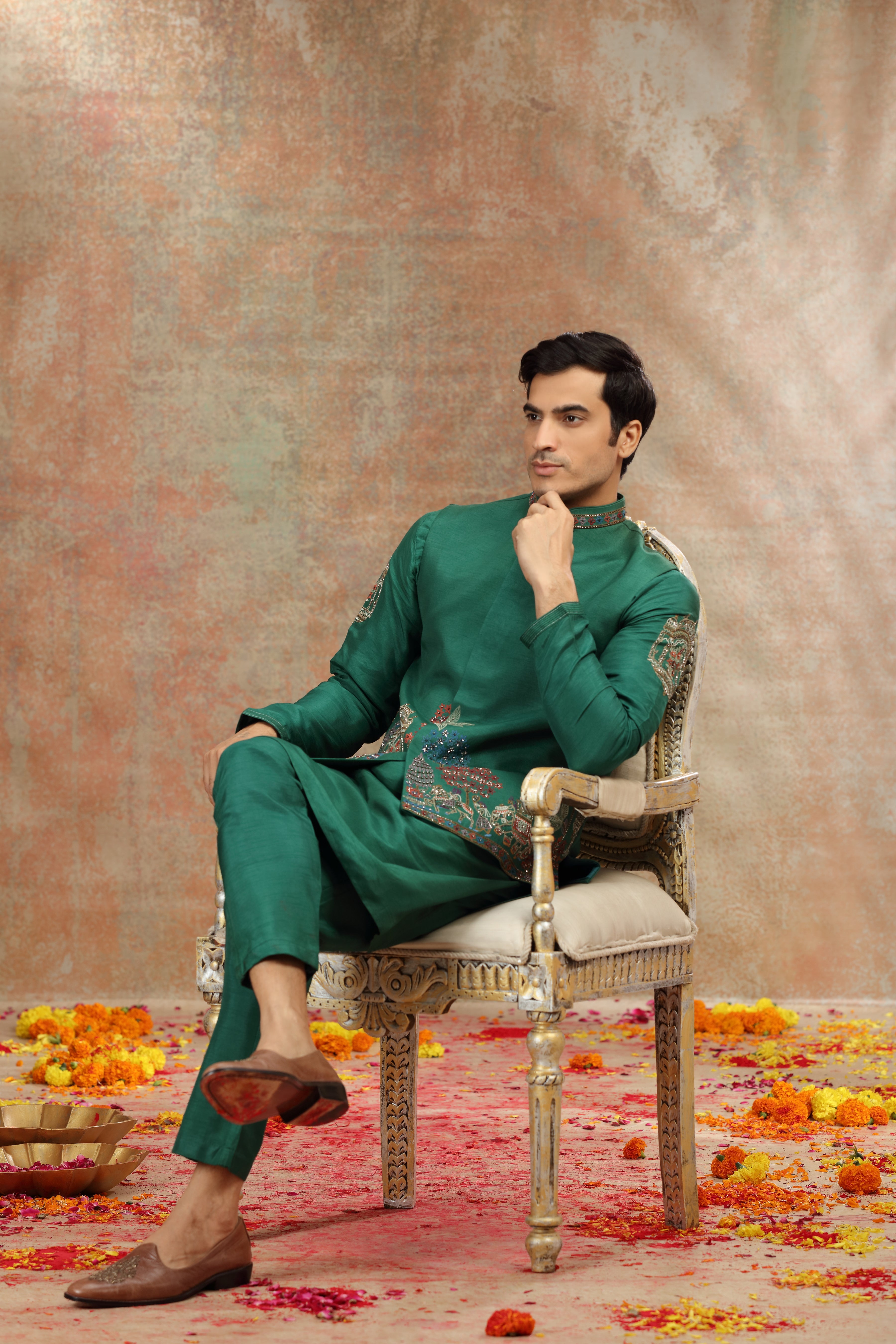 Dark Green Silk Koti Kurta Set with Resham, Cutdana