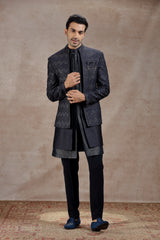 Dark Blue Silk Indowestern With Kasab Embroidery