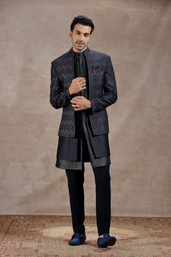 Dark Blue Silk Indowestern With Kasab Embroidery