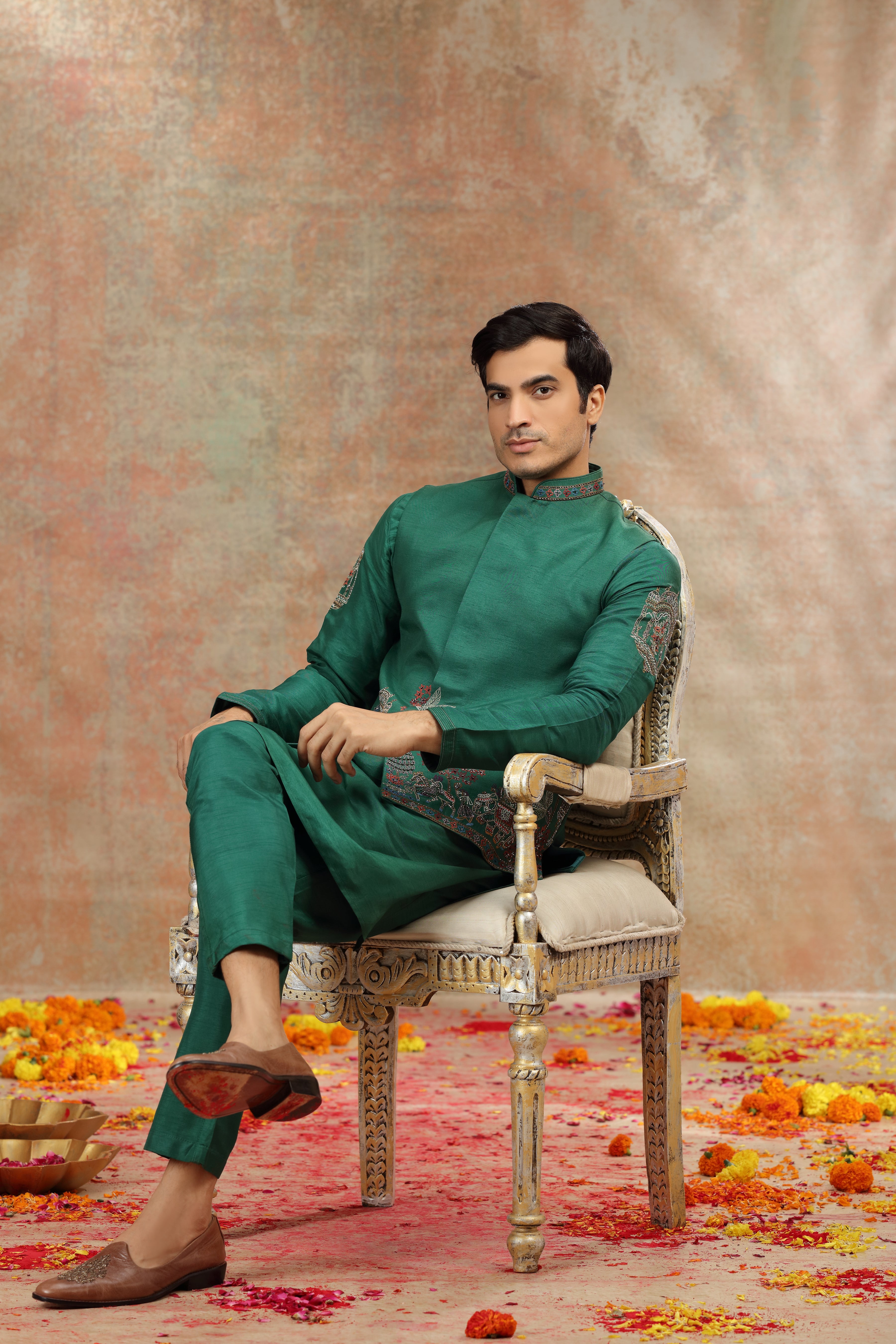 Dark Green Silk Koti Kurta Set with Resham, Cutdana