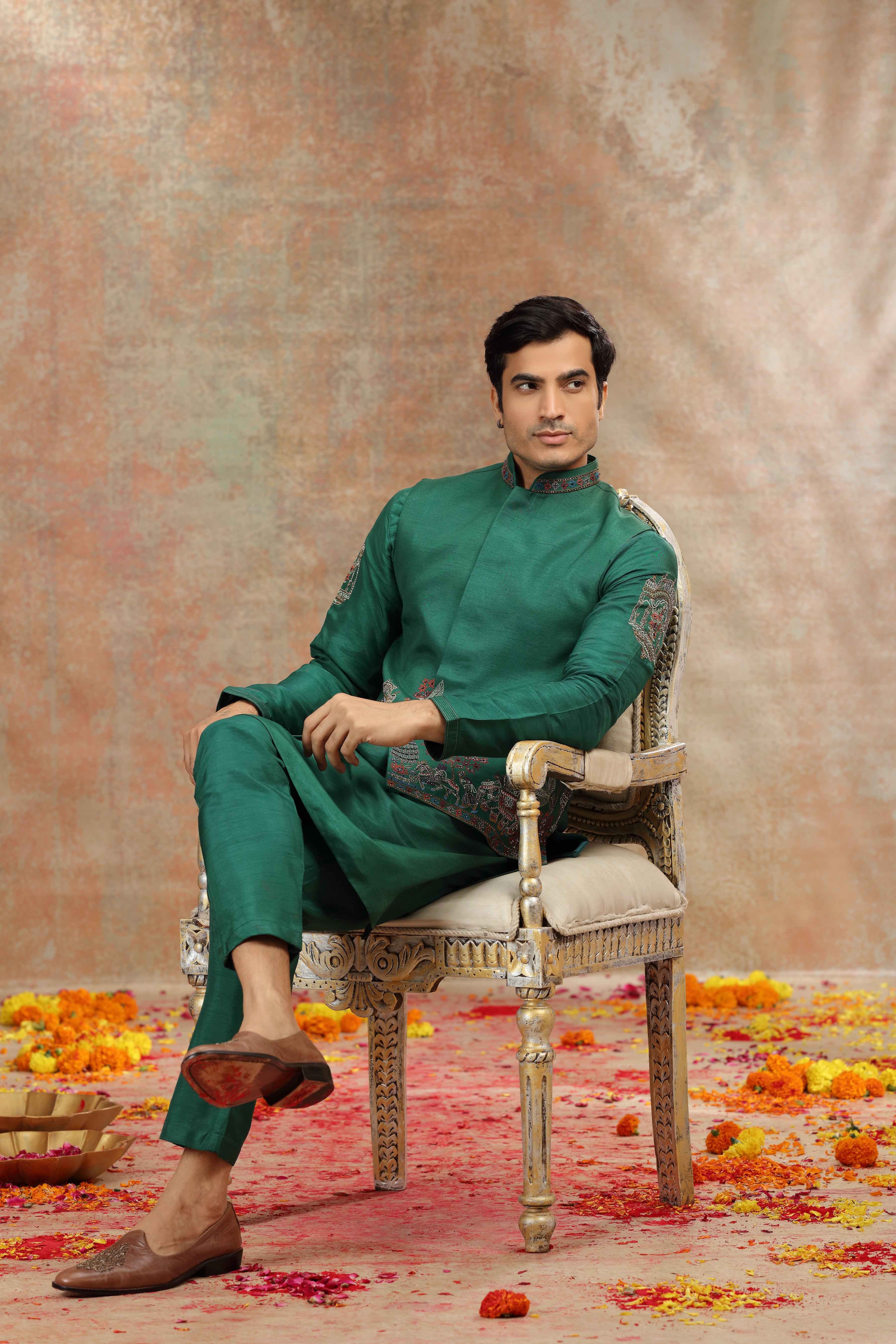 Dark Green Silk Koti Kurta Set with Resham, Cutdana