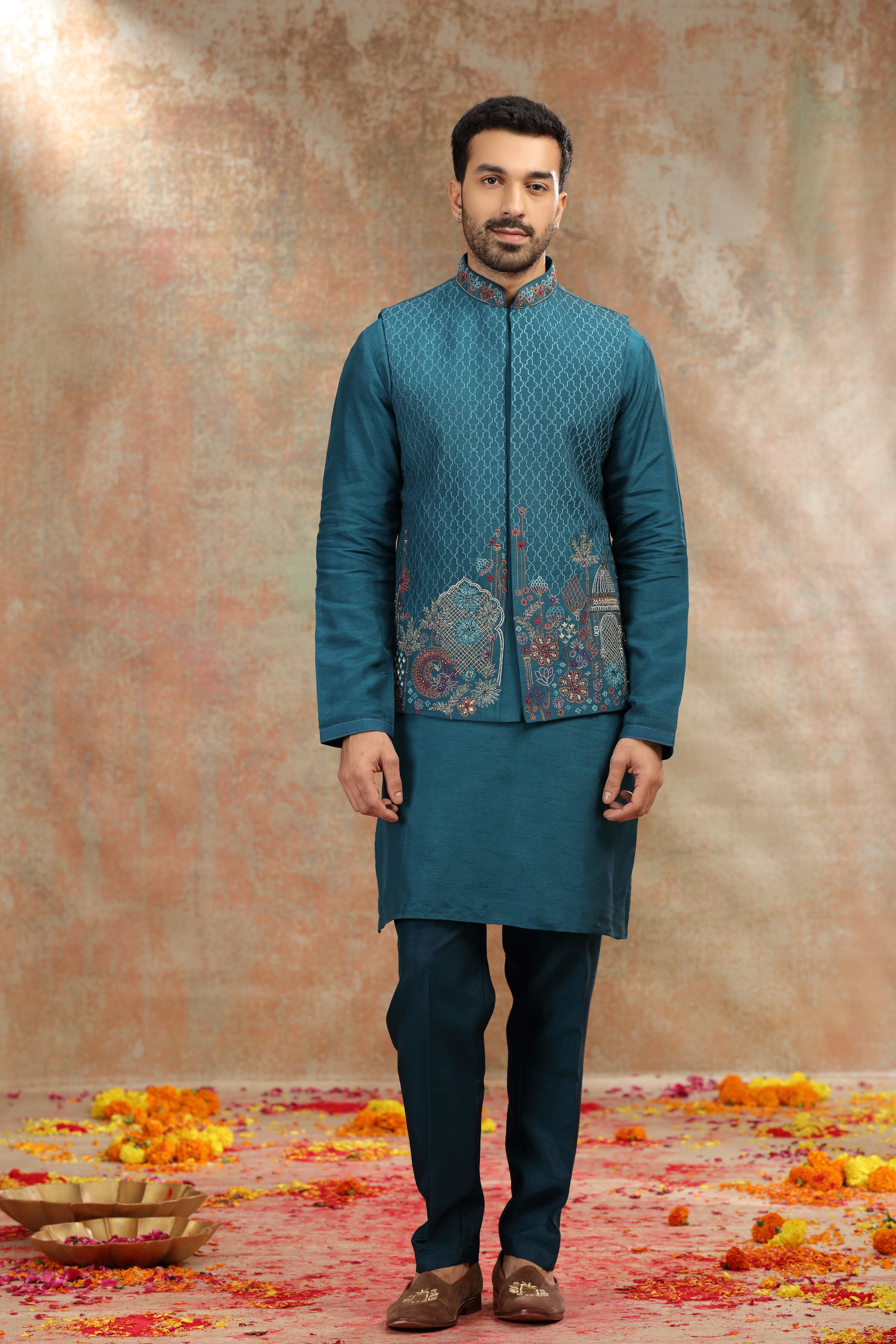 Teal Silk Koti Kurta with Resham, Cutdana and Mirror Work