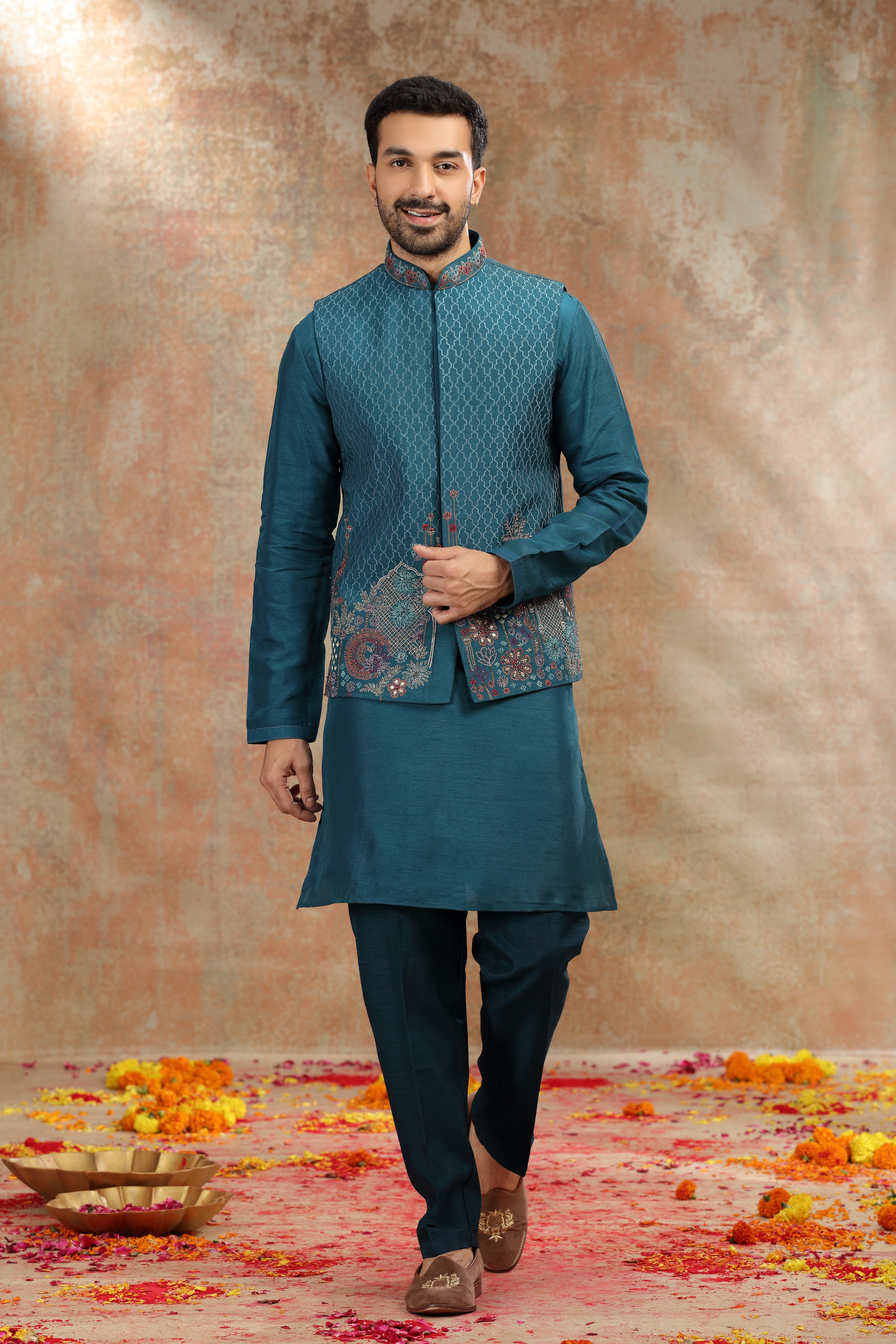 Teal Silk Koti Kurta with Resham, Cutdana and Mirror Work