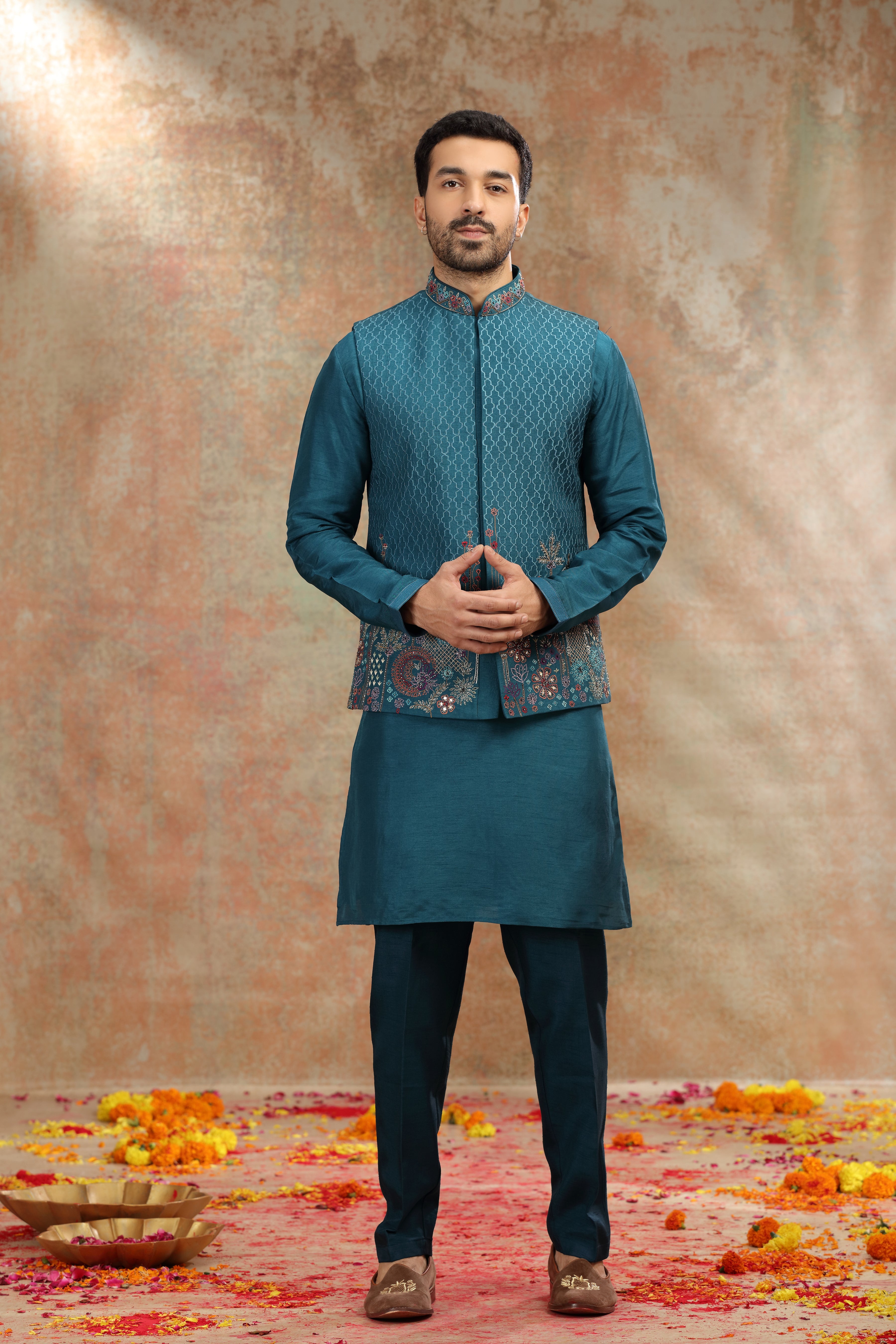 Teal Silk Koti Kurta with Resham, Cutdana and Mirror Work