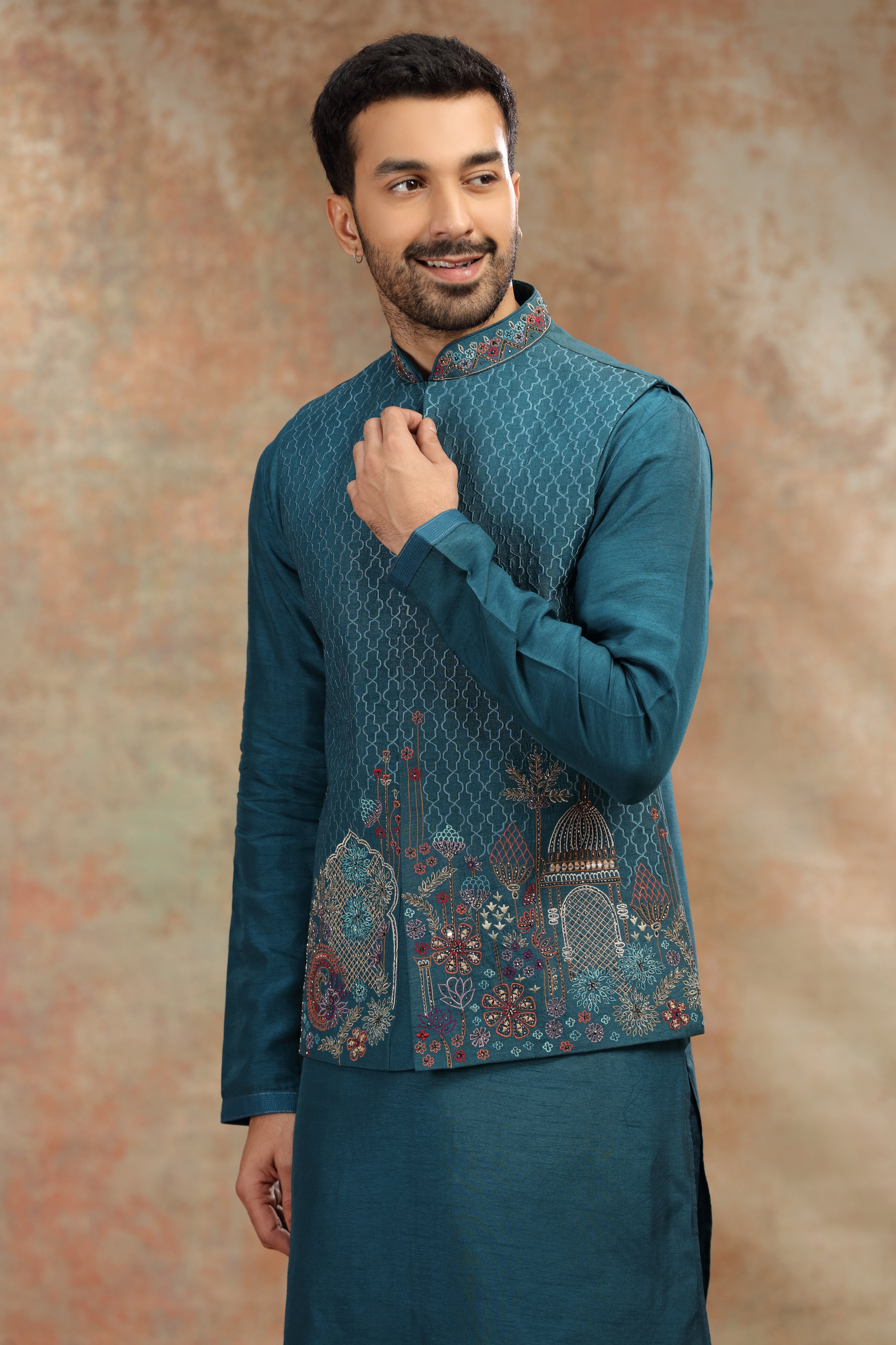 Teal Silk Koti Kurta with Resham, Cutdana and Mirror Work