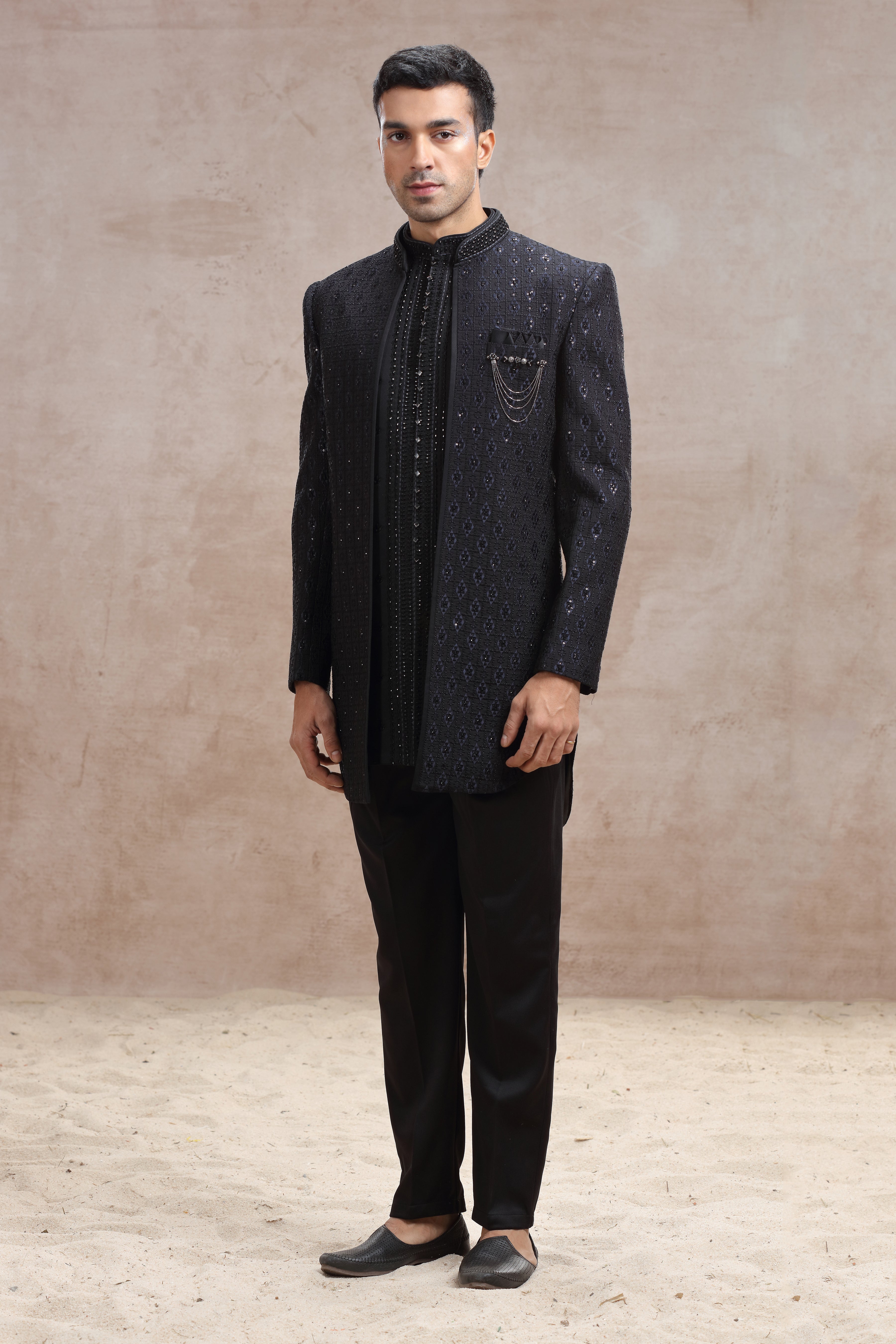 Black Silk Indo Western Suit with Thread Work