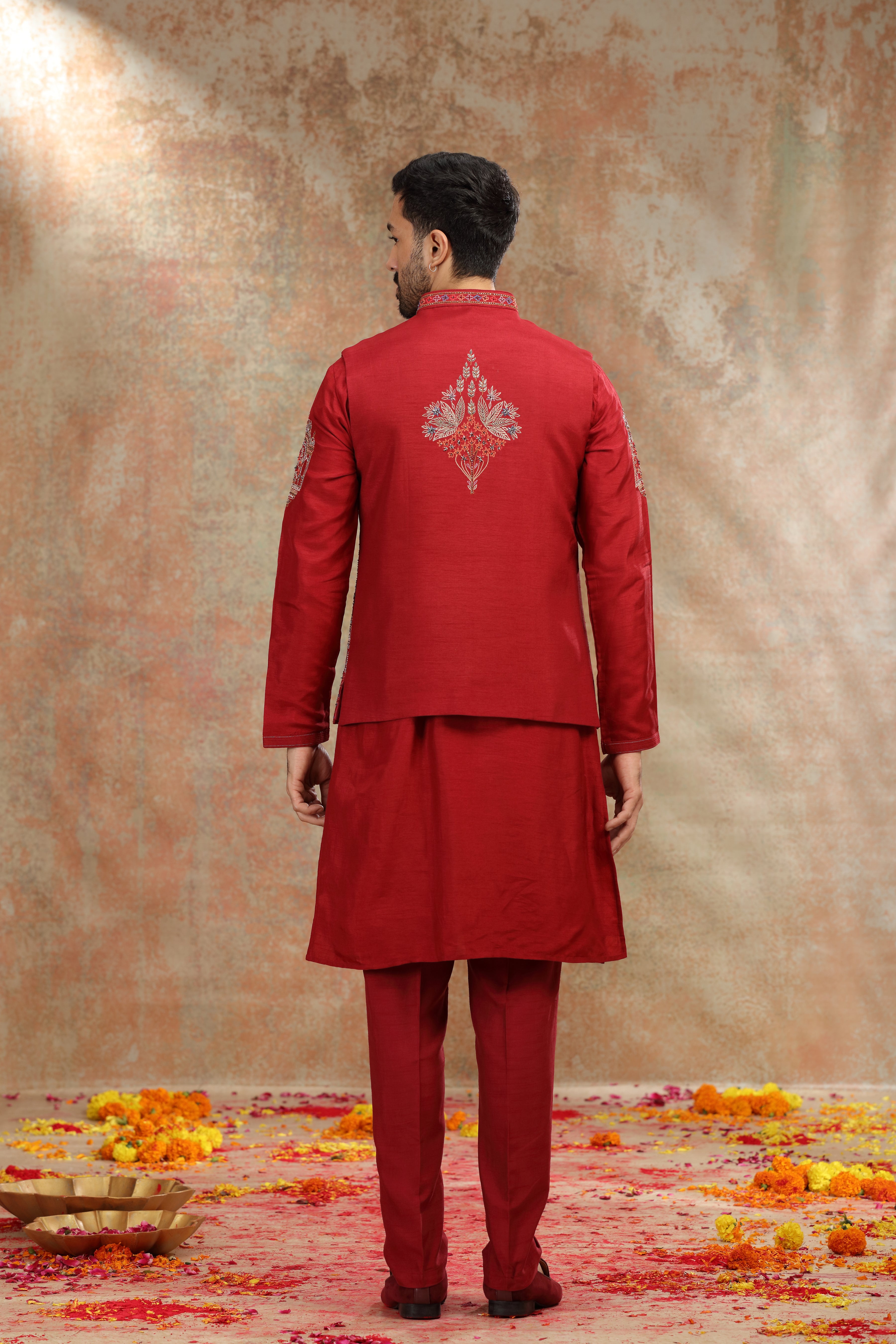 Red Silk Koti Kurta with Resham & Cutdana Work