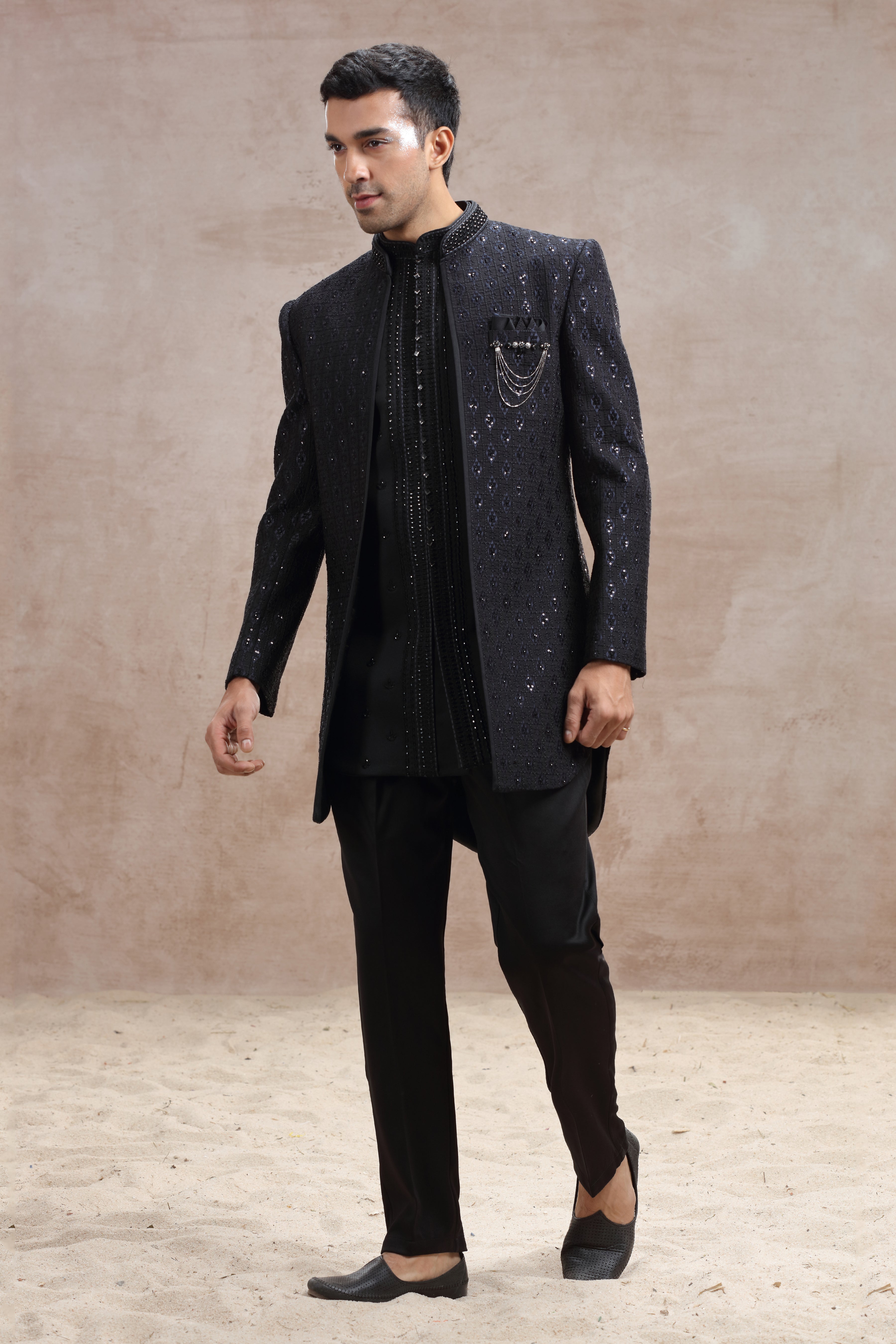 Black Silk Indo Western Suit with Thread Work