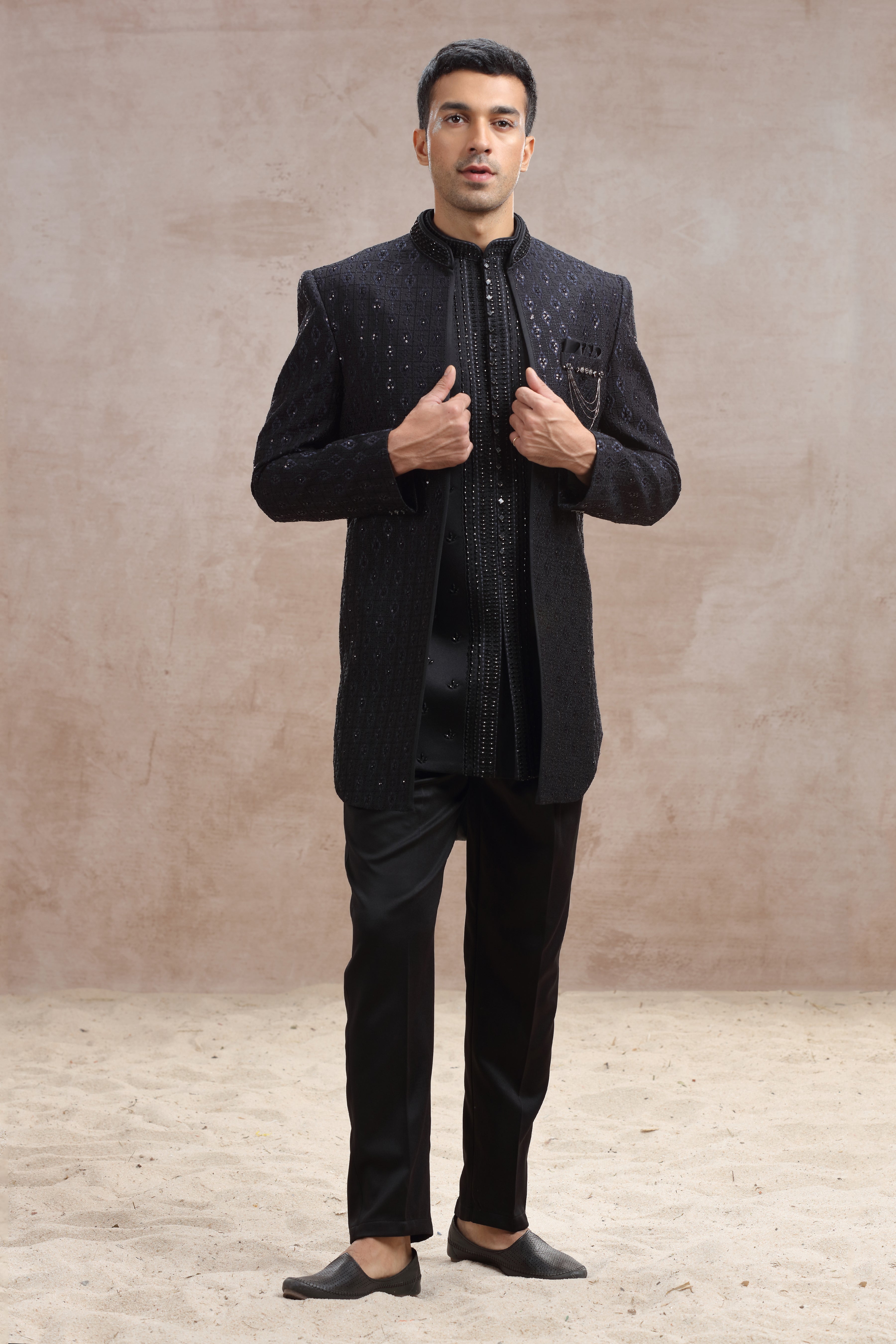 Black Silk Indo Western Suit with Thread Work