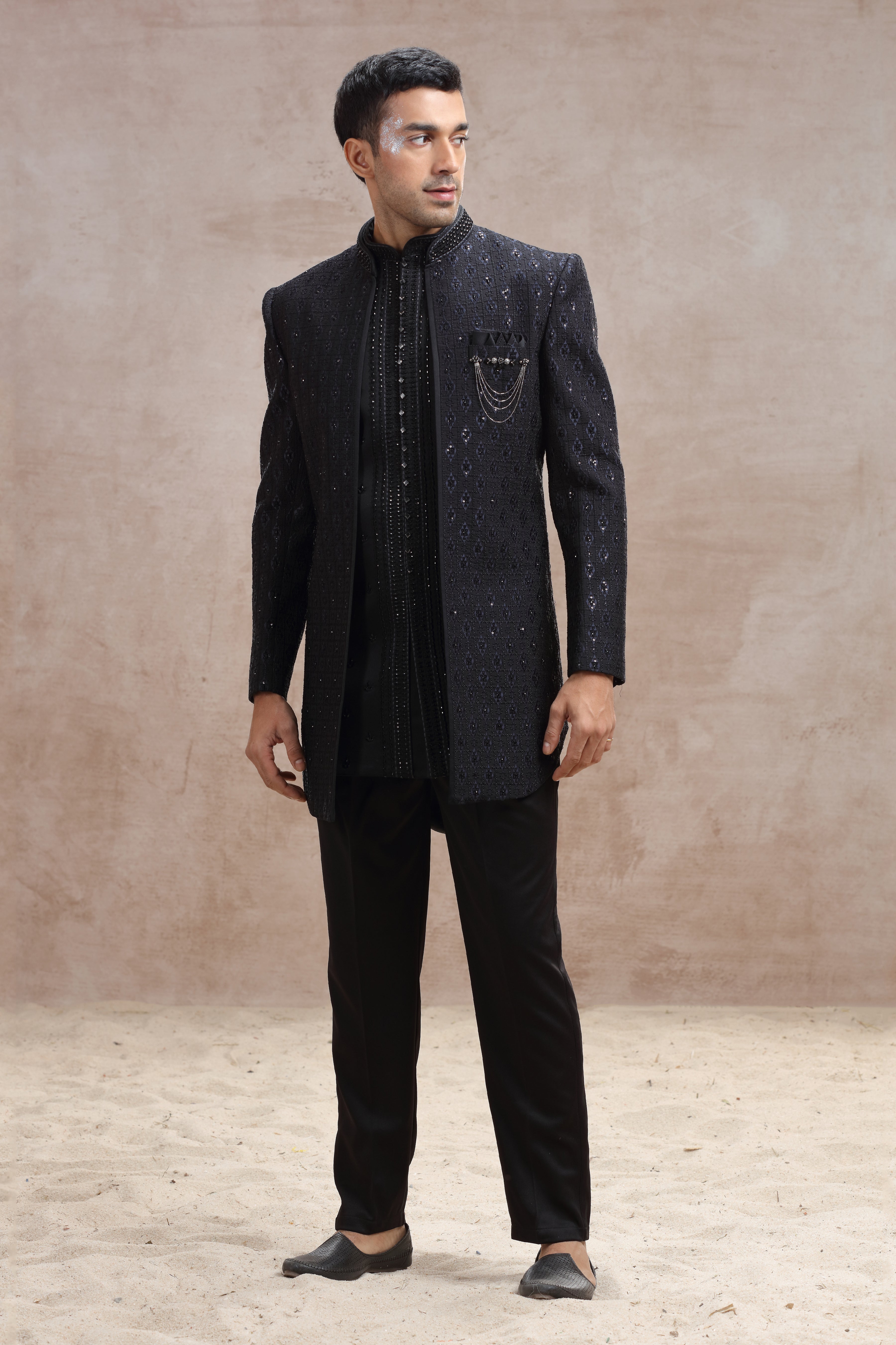 Black Silk Indo Western Suit with Thread Work