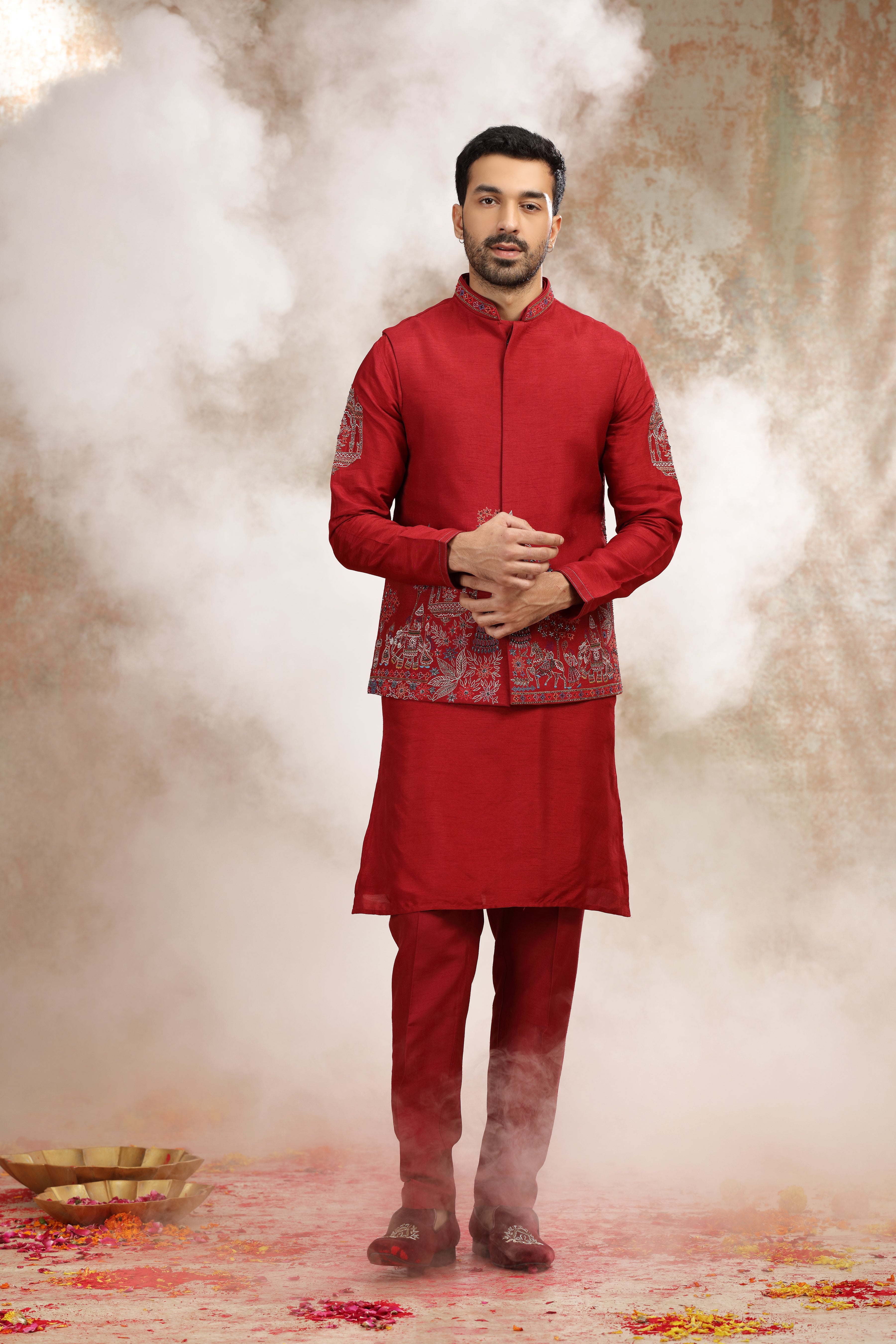Red Silk Koti Kurta with Resham & Cutdana Work