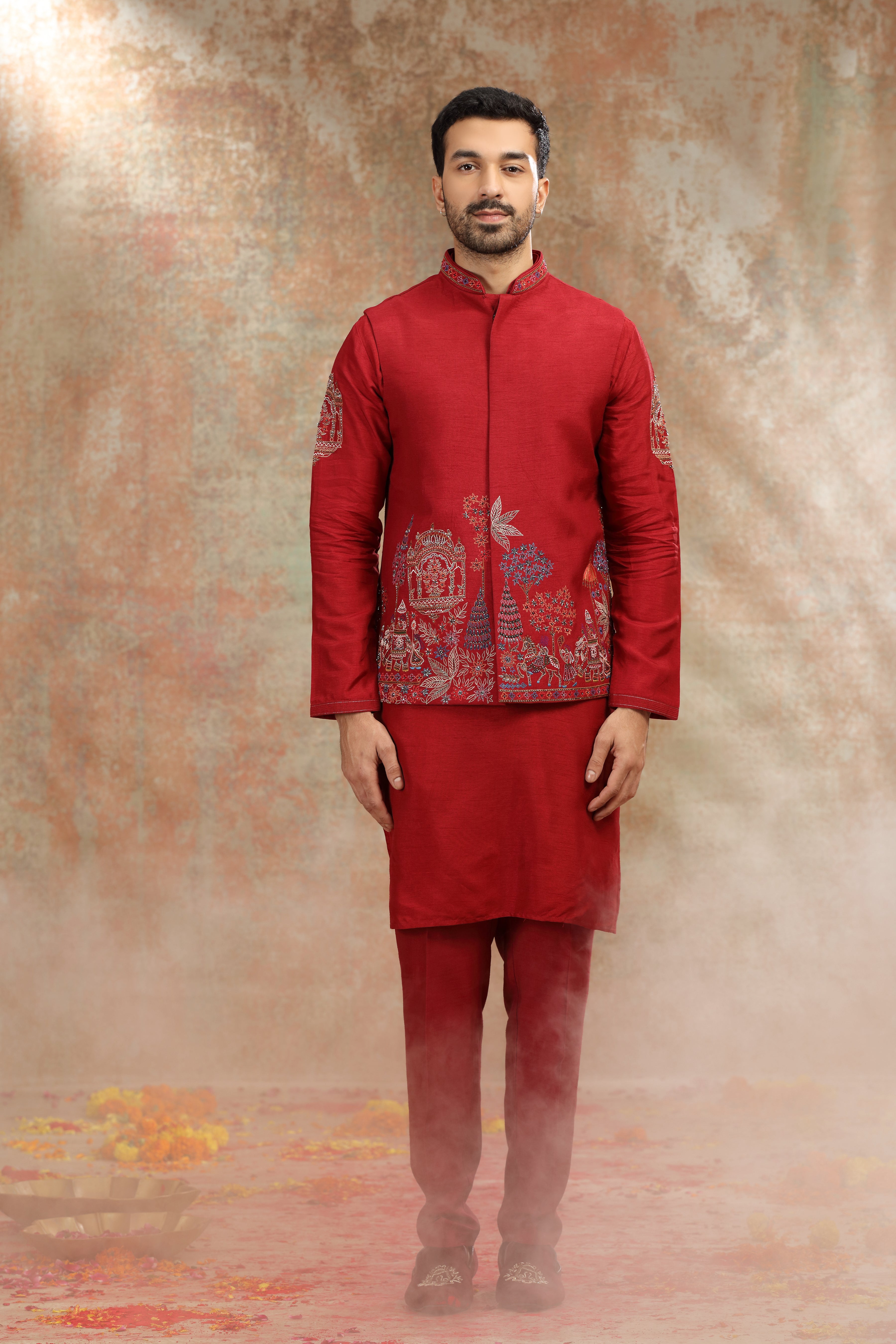 Red Silk Koti Kurta with Resham & Cutdana Work