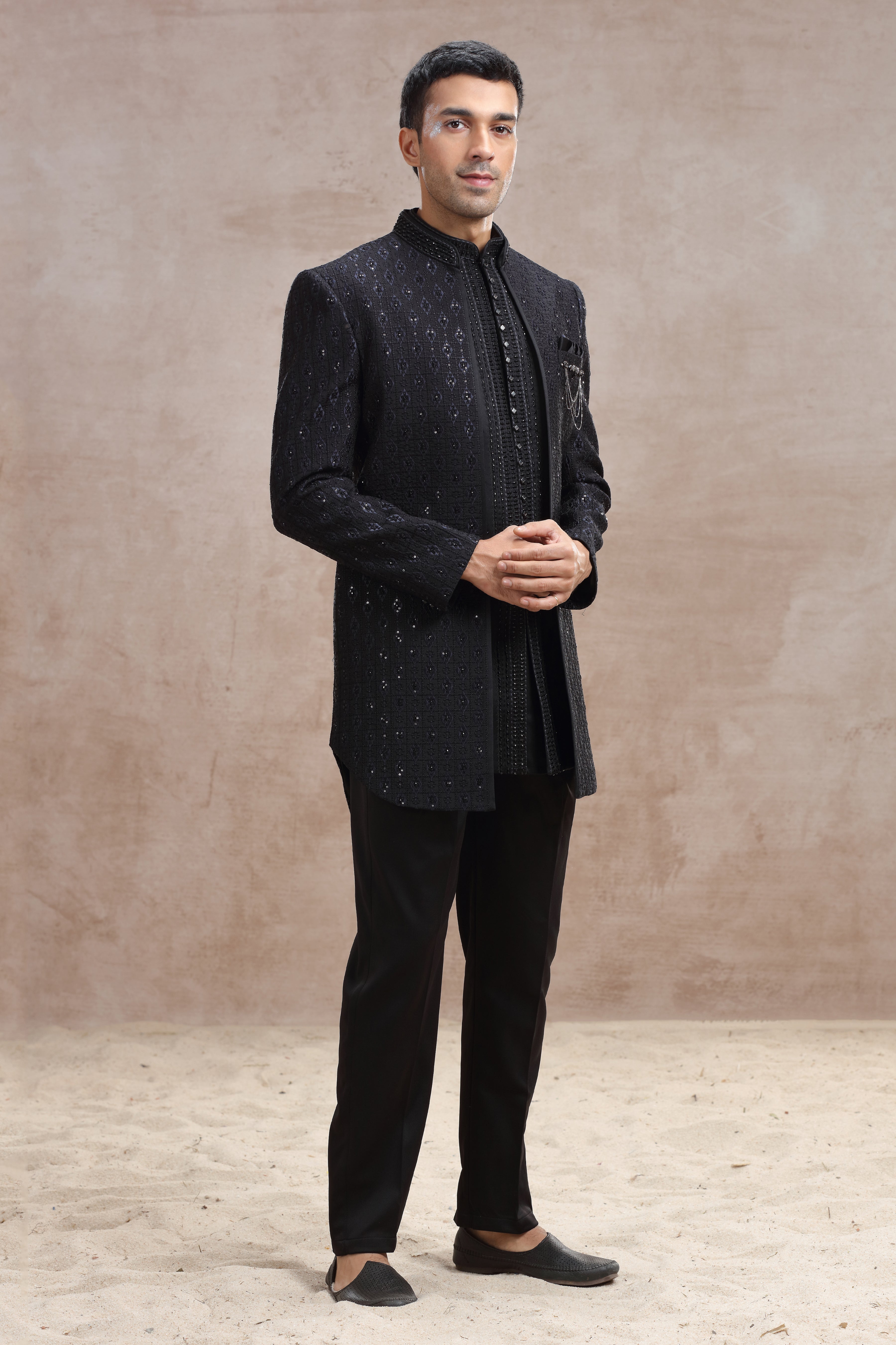 Black Silk Indo Western Suit with Thread Work