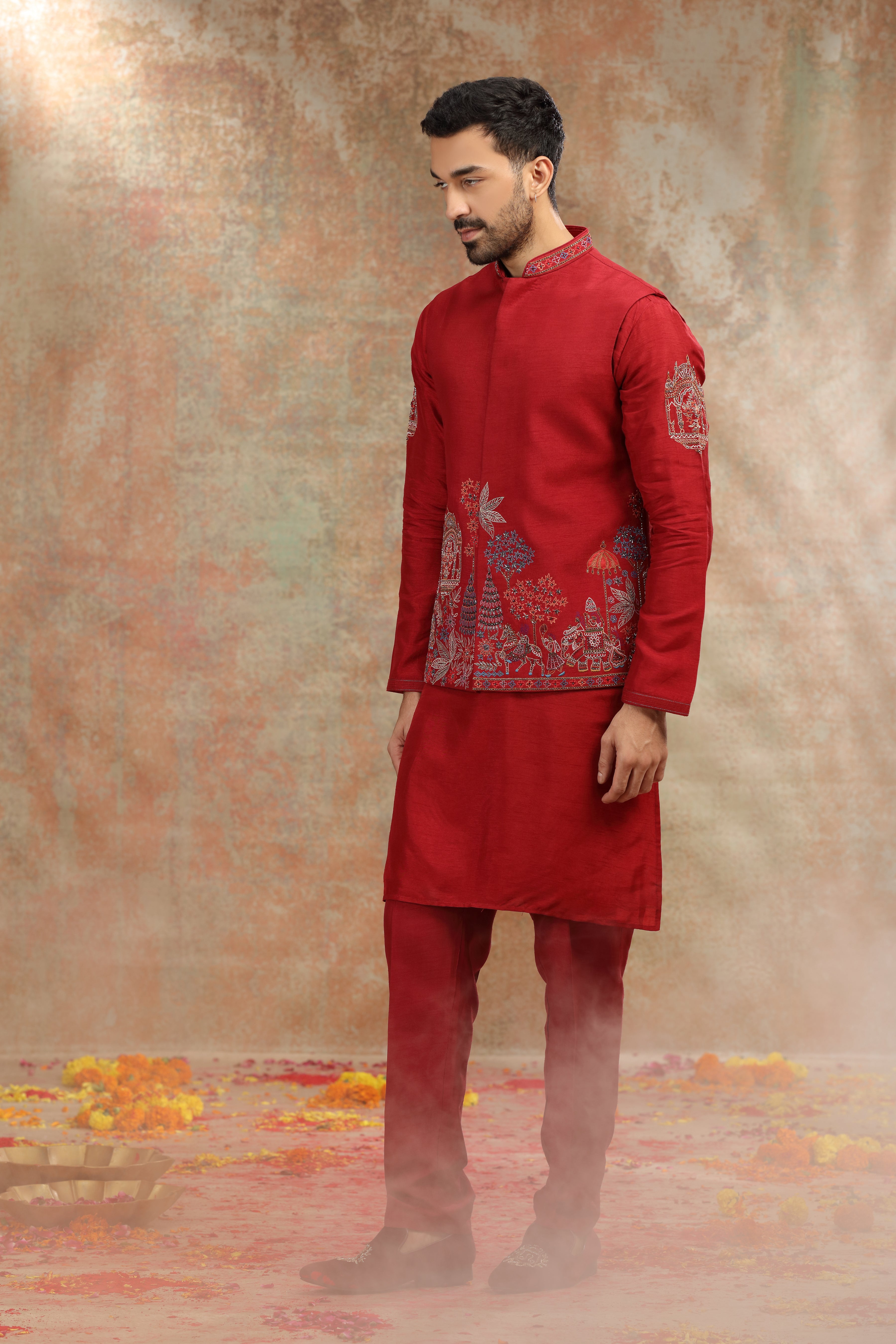 Red Silk Koti Kurta with Resham & Cutdana Work