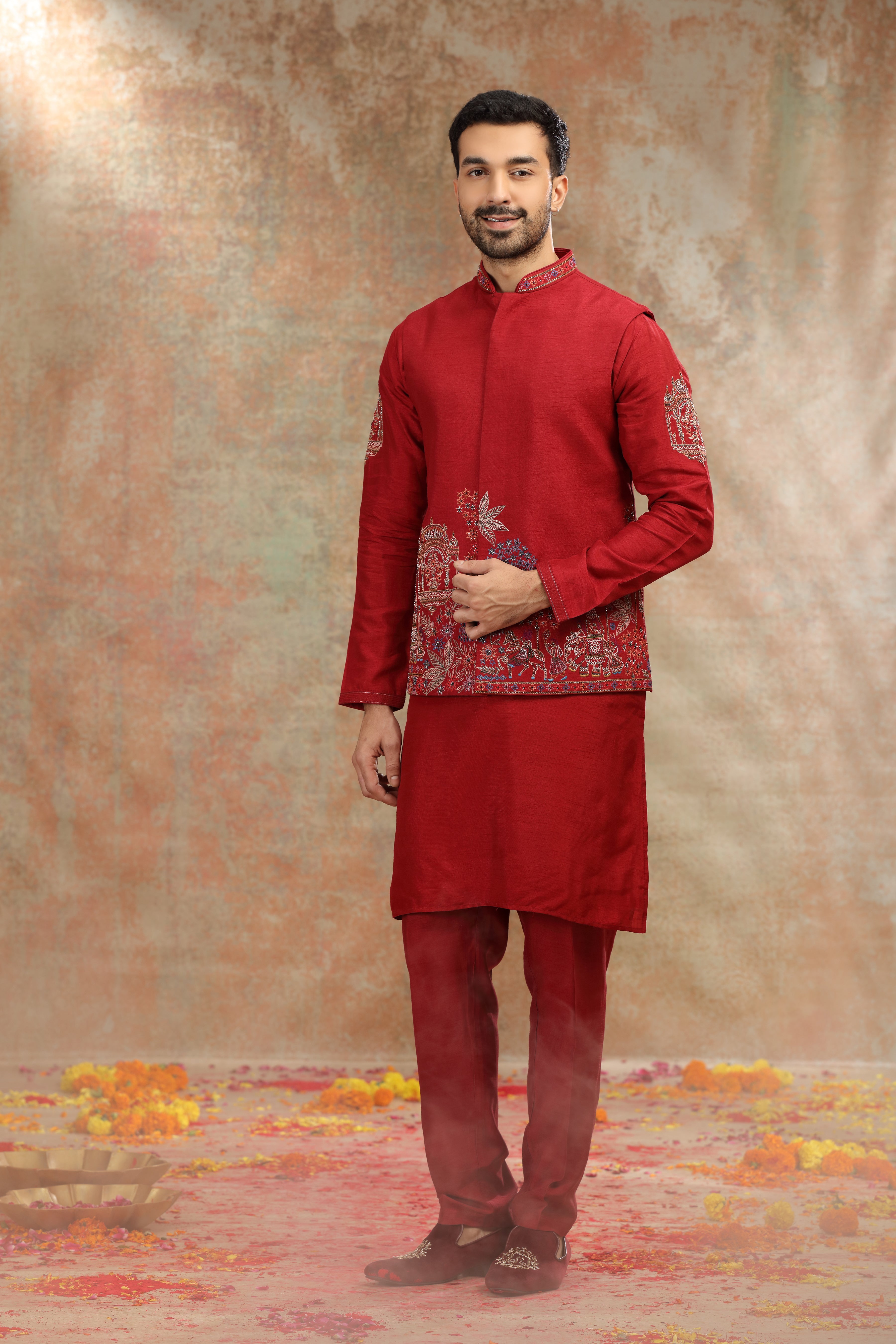 Red Silk Koti Kurta with Resham & Cutdana Work