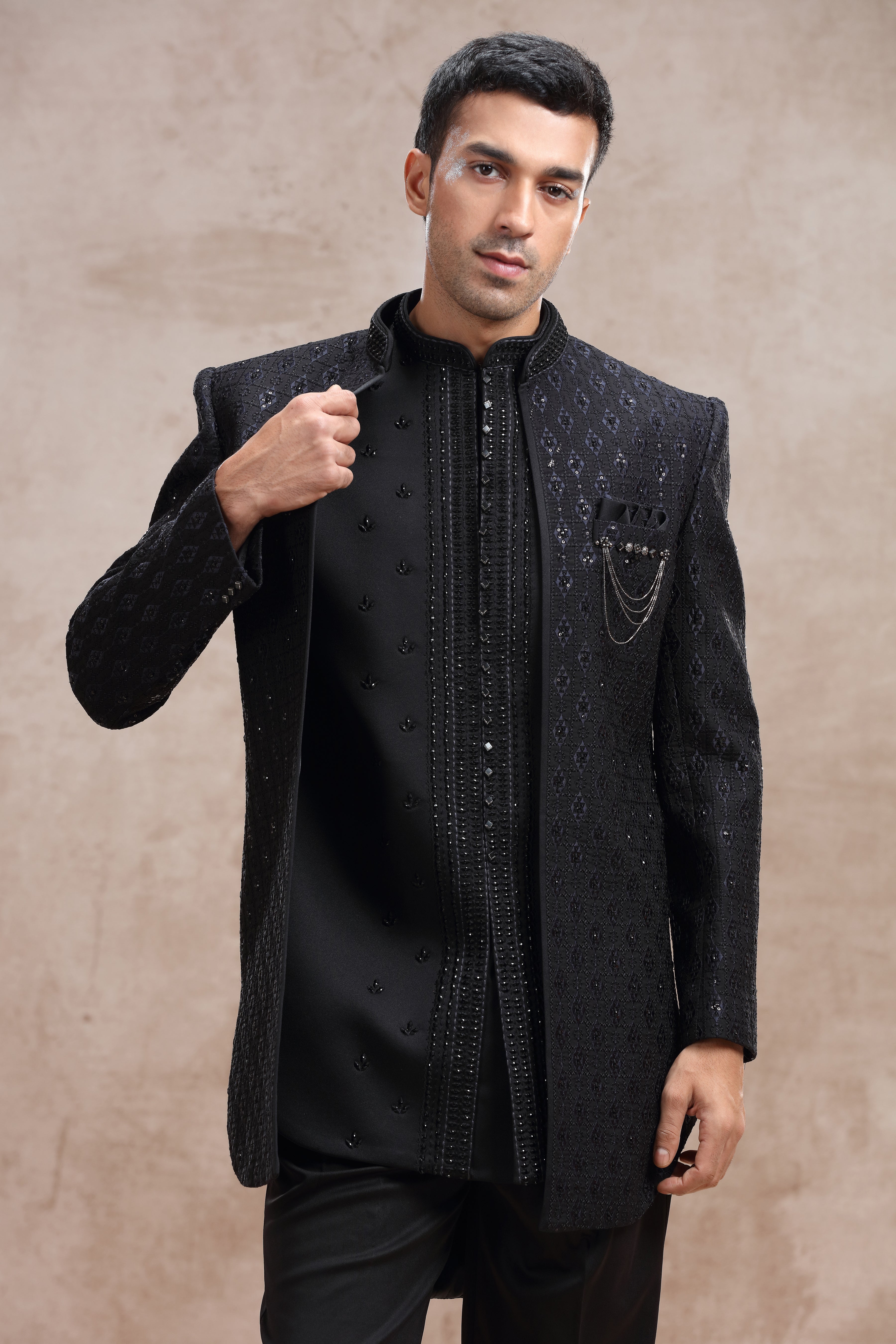 Black Silk Indo Western Suit with Thread Work