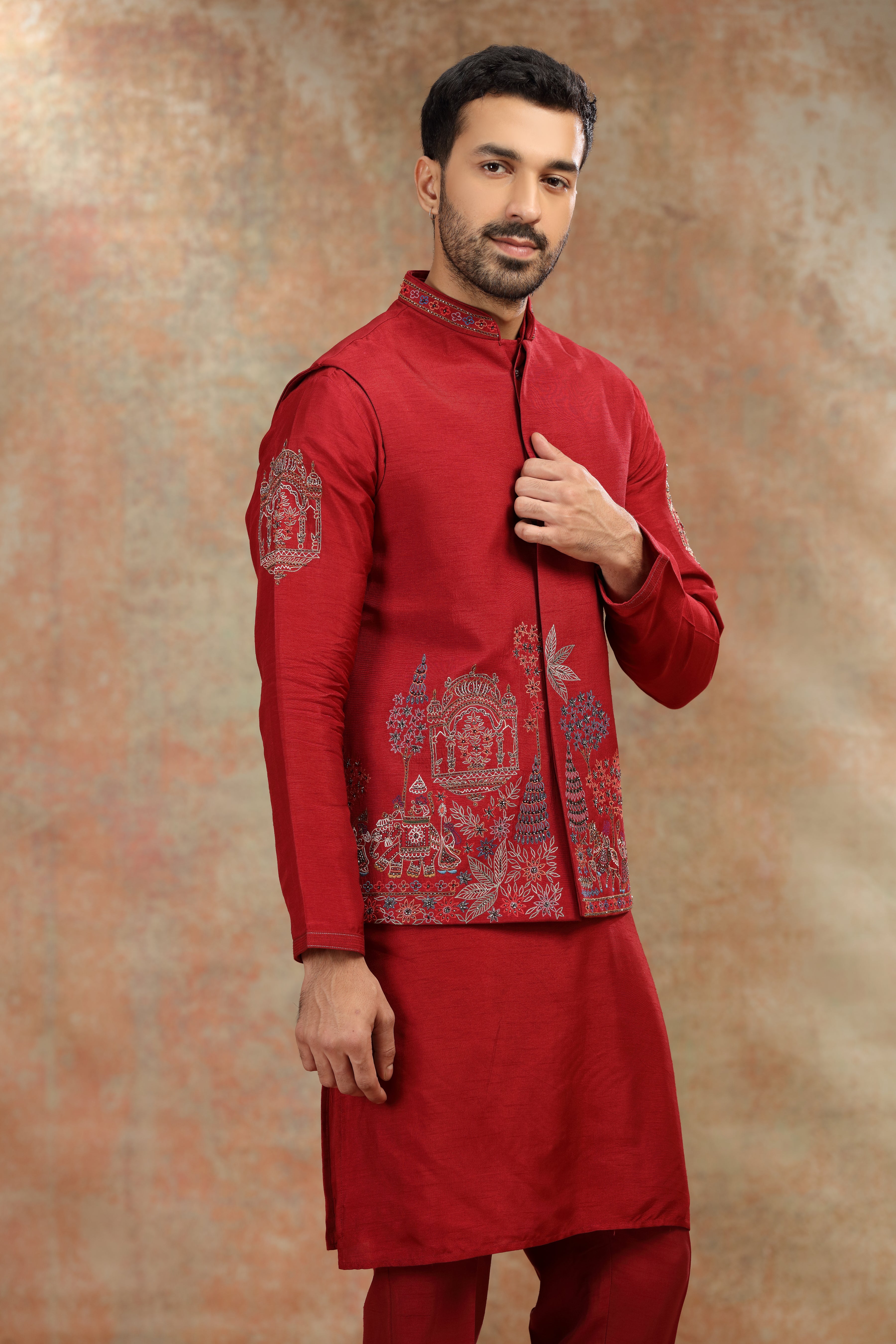 Red Silk Koti Kurta with Resham & Cutdana Work