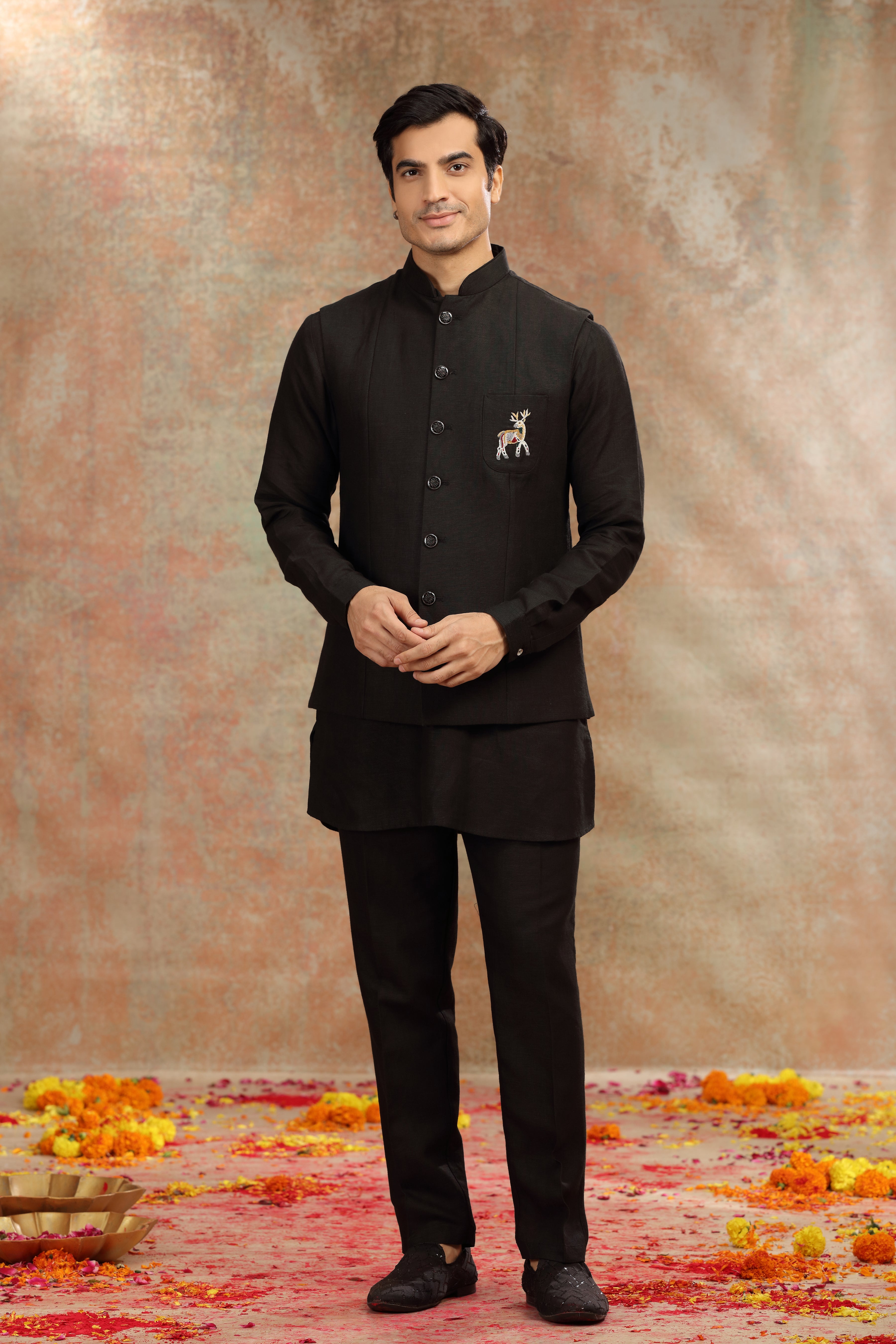 Black Silk Koti Kurta Set with Resham Thread Work