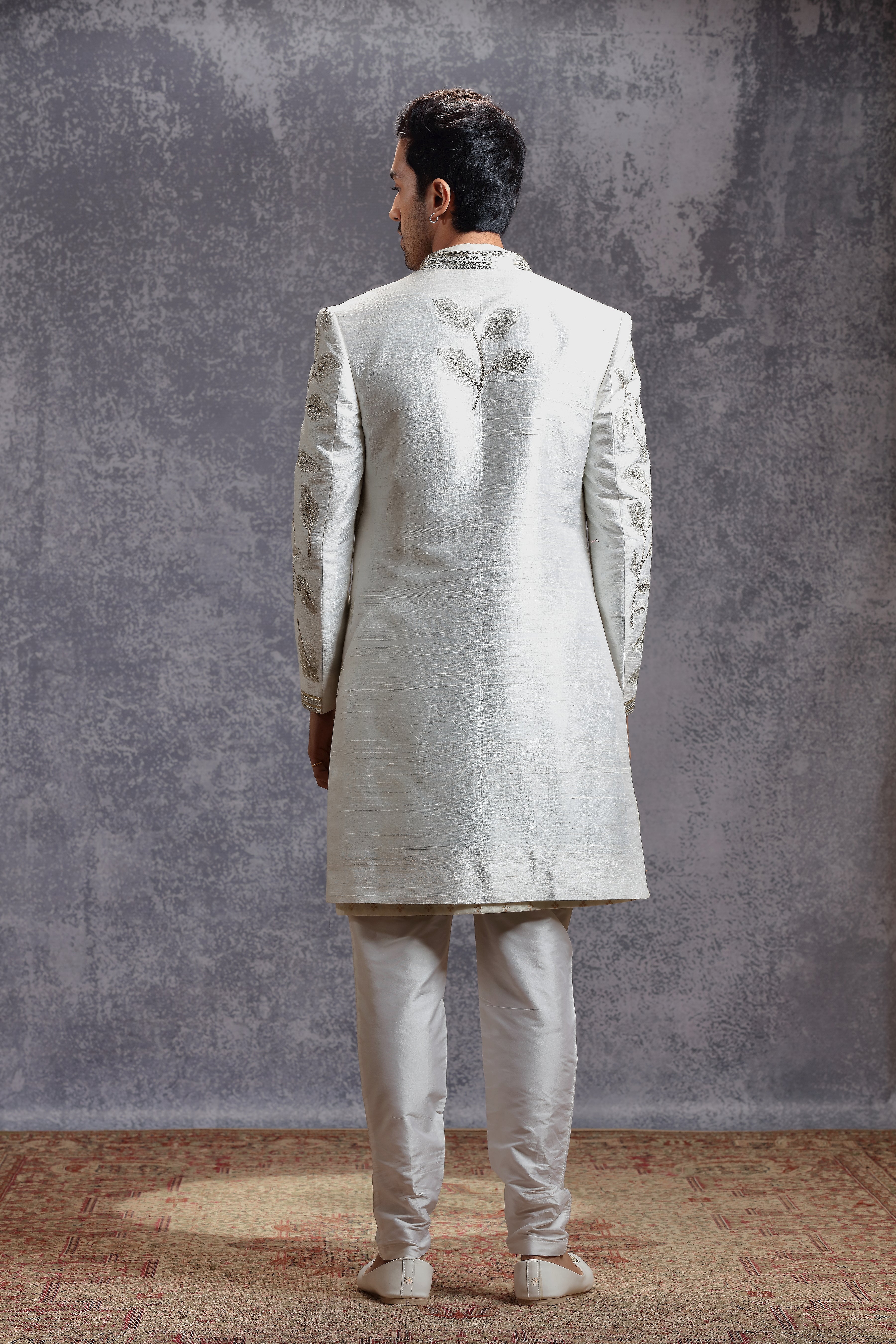 Ivory Embroidered Jacket Set with Sequins and Kasab Work - Shreeman