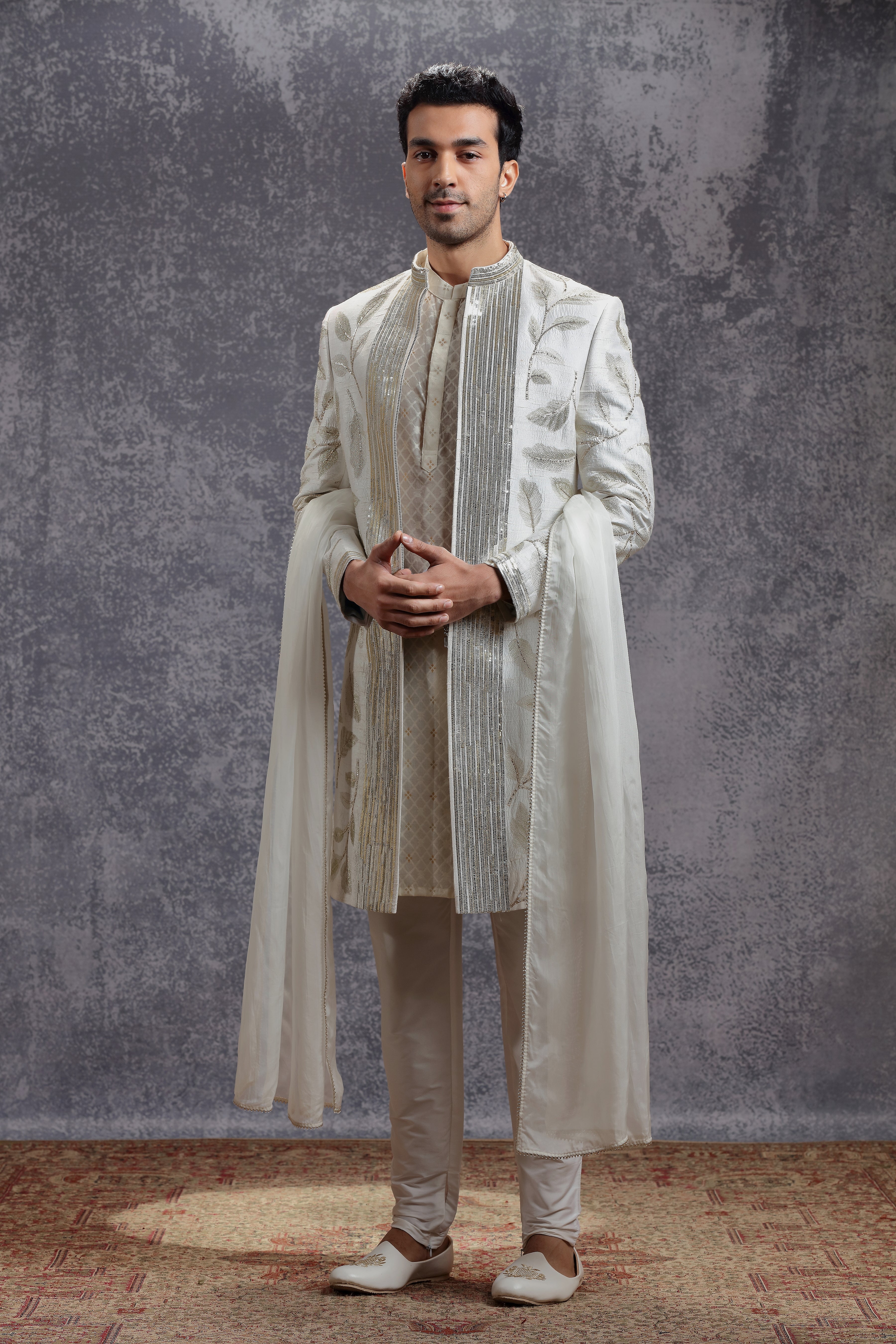 Ivory Embroidered Jacket Set with Sequins and Kasab Work - Shreeman