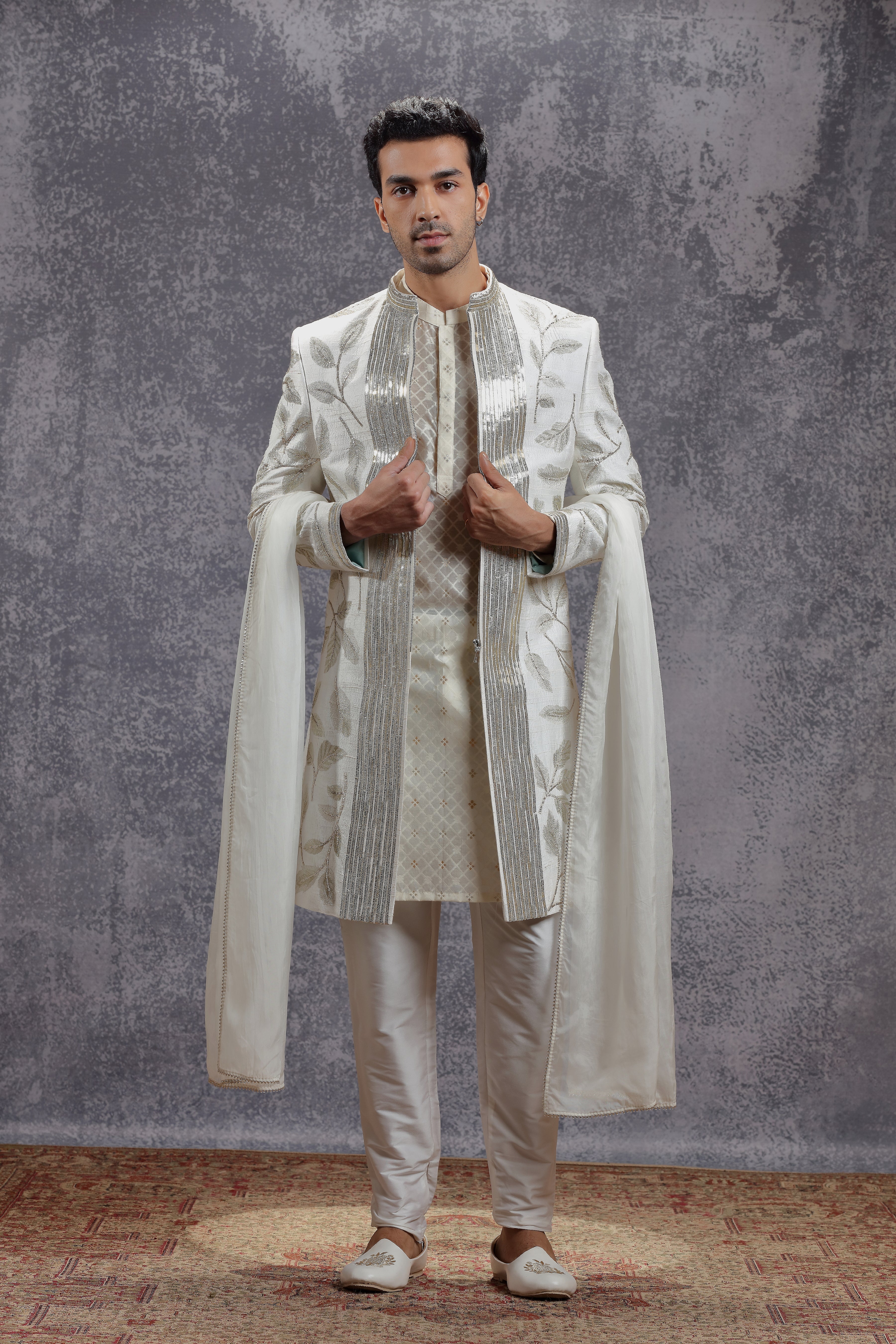 Ivory Embroidered Jacket Set with Sequins and Kasab Work - Shreeman