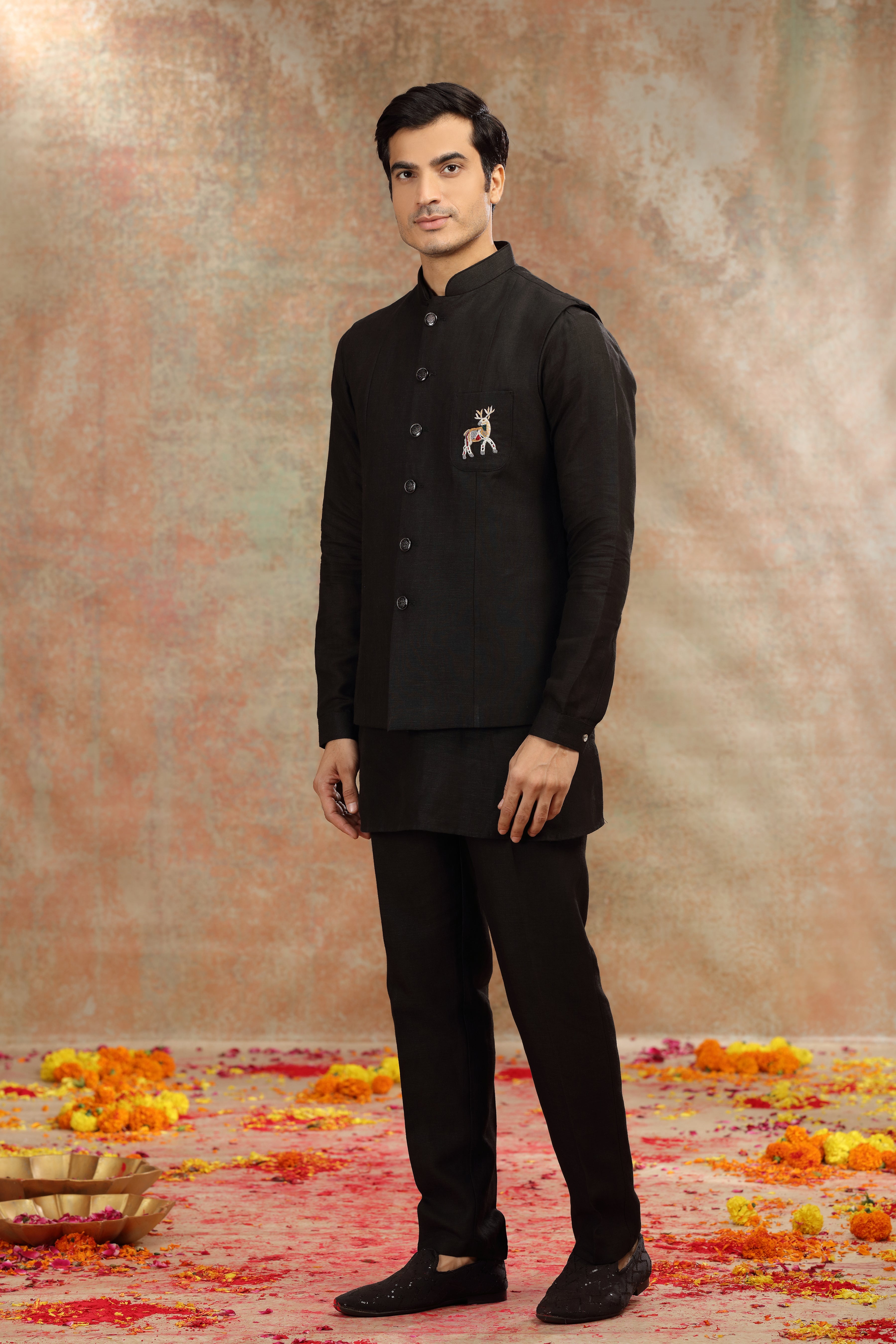 Black Silk Koti Kurta Set with Resham Thread Work