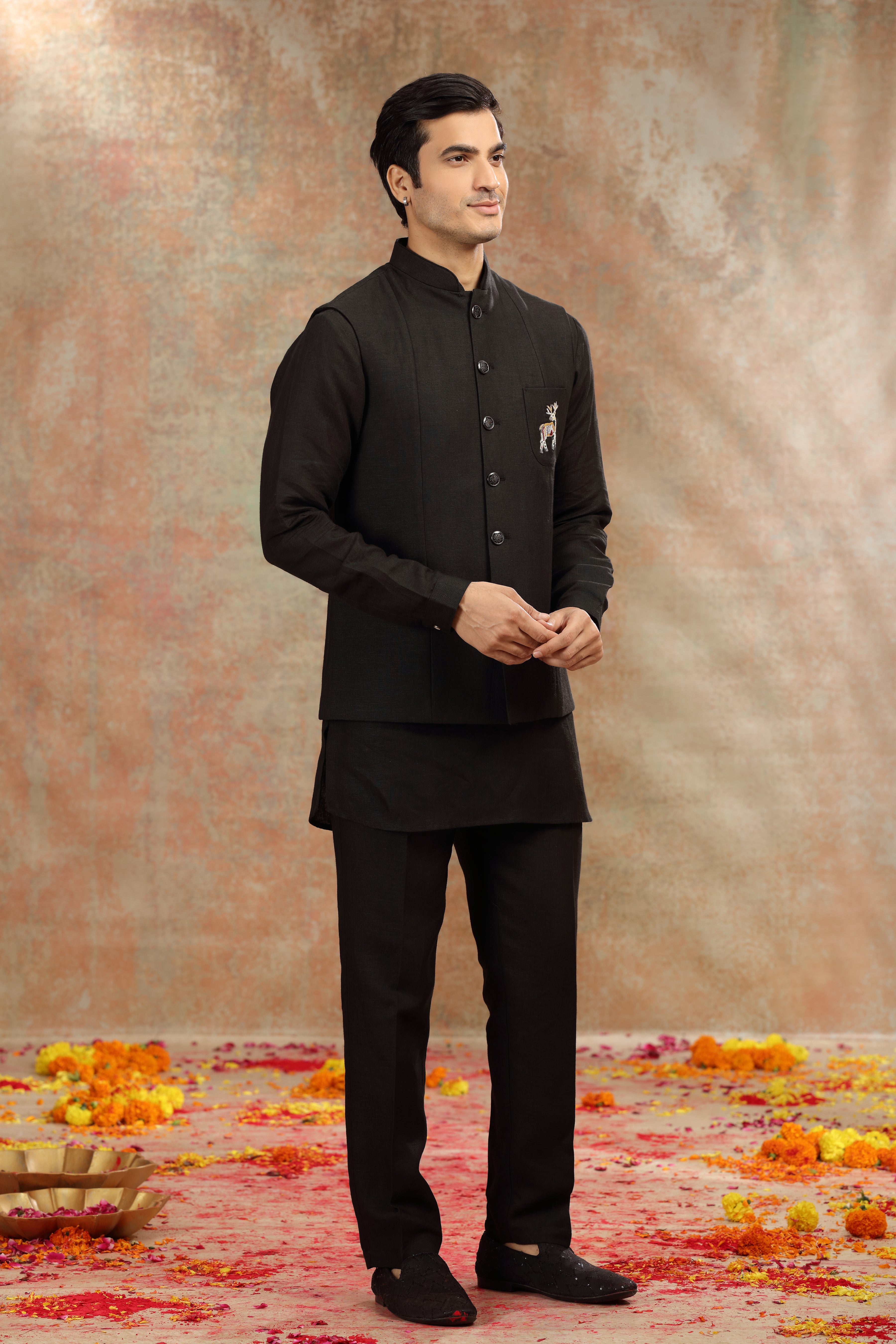 Black Silk Koti Kurta Set with Resham Thread Work