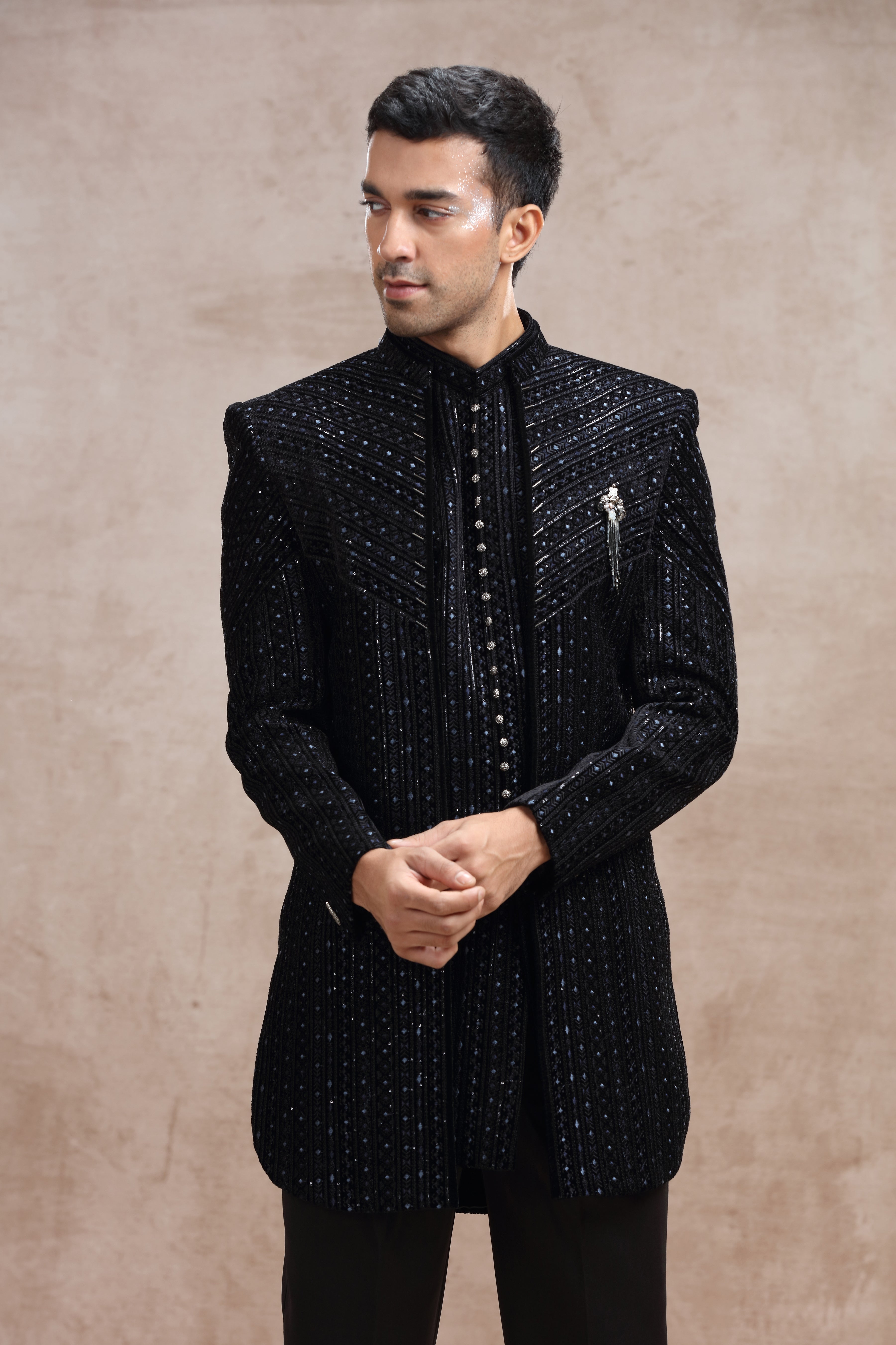 Black Silk Indo Western with Thread Work and Val Cutdana