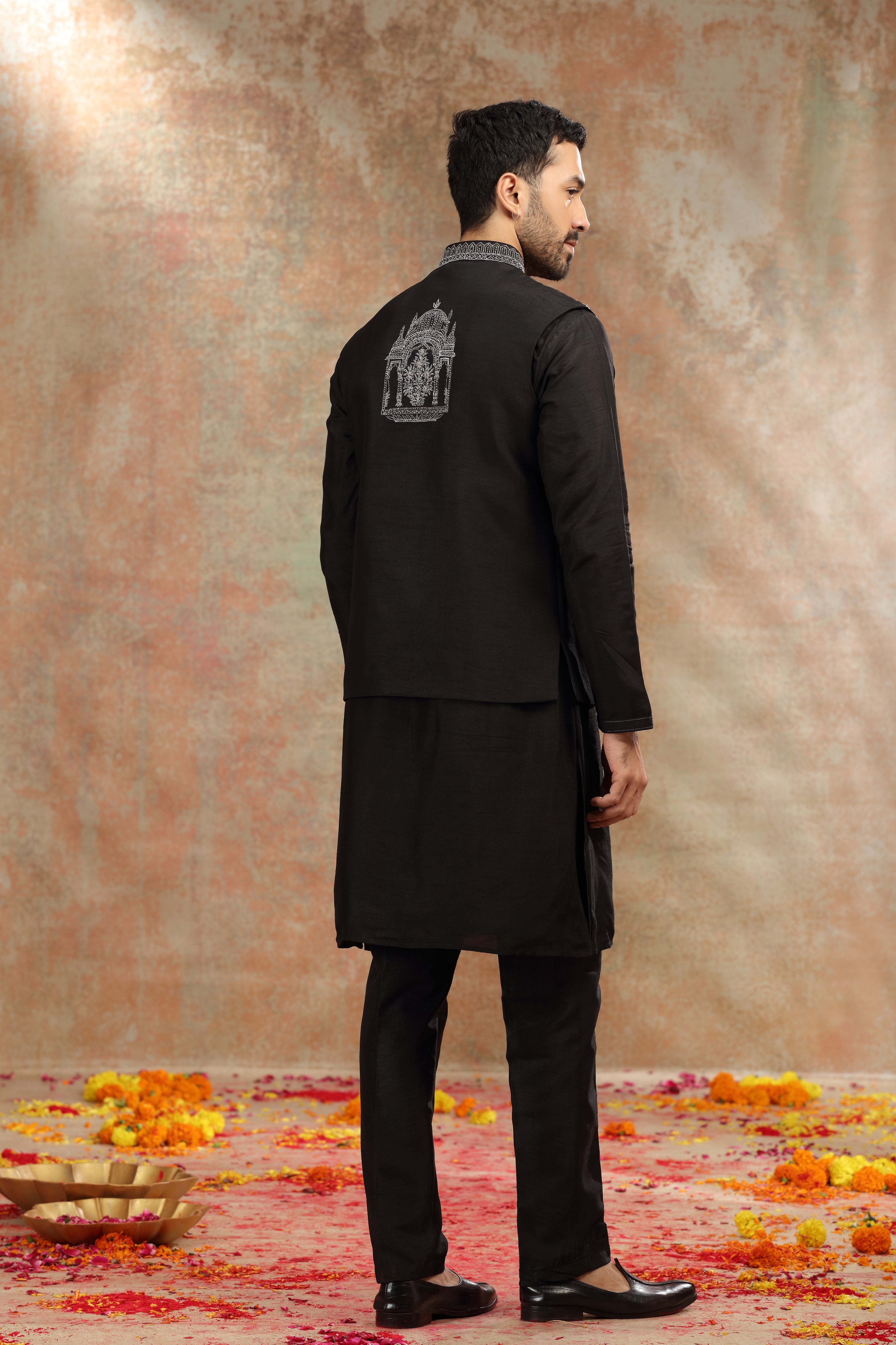 Black Silk Koti Kurta with Kasab, Cutdana and Sequins Work