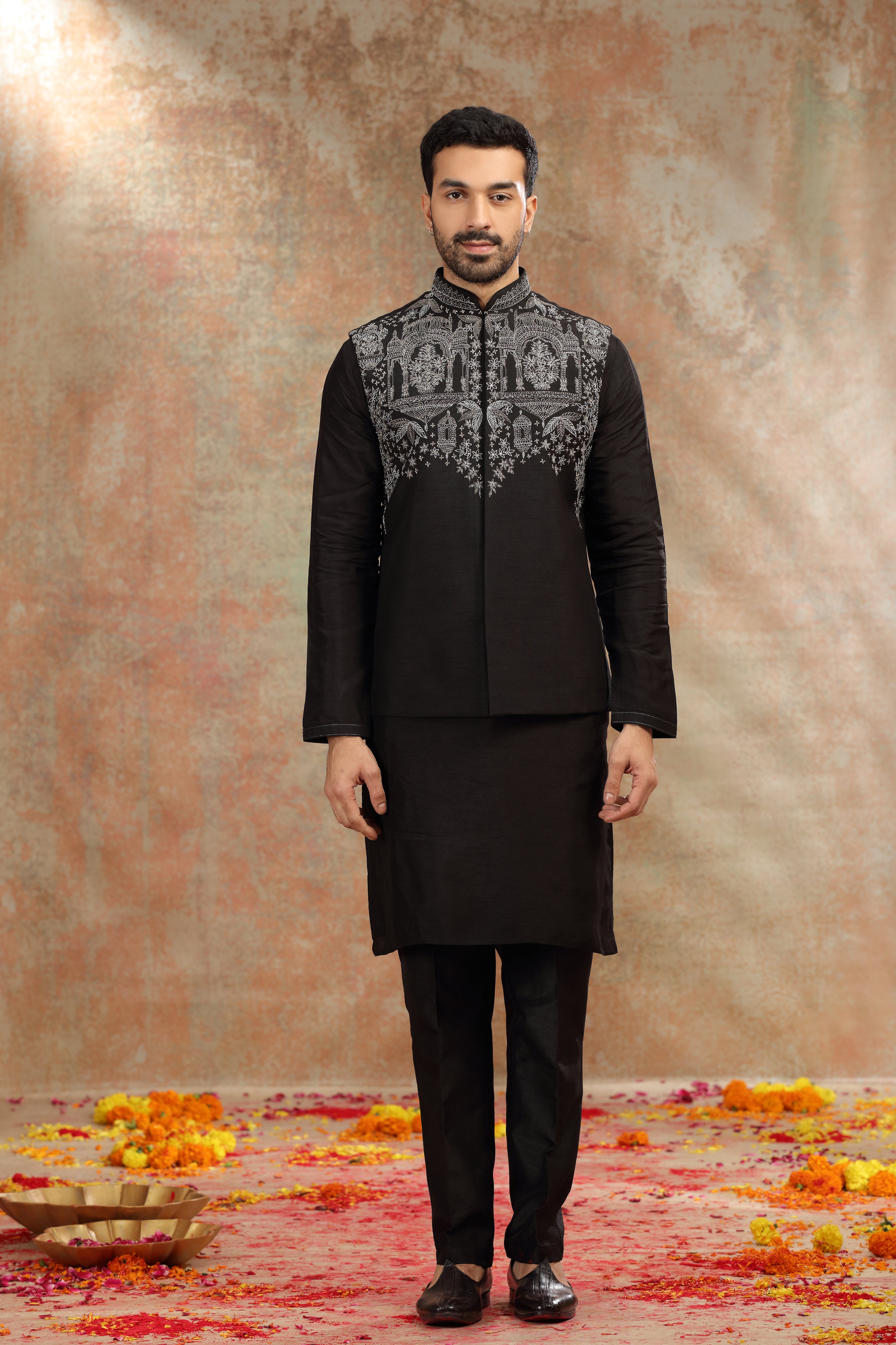 Black Silk Koti Kurta with Kasab, Cutdana and Sequins Work