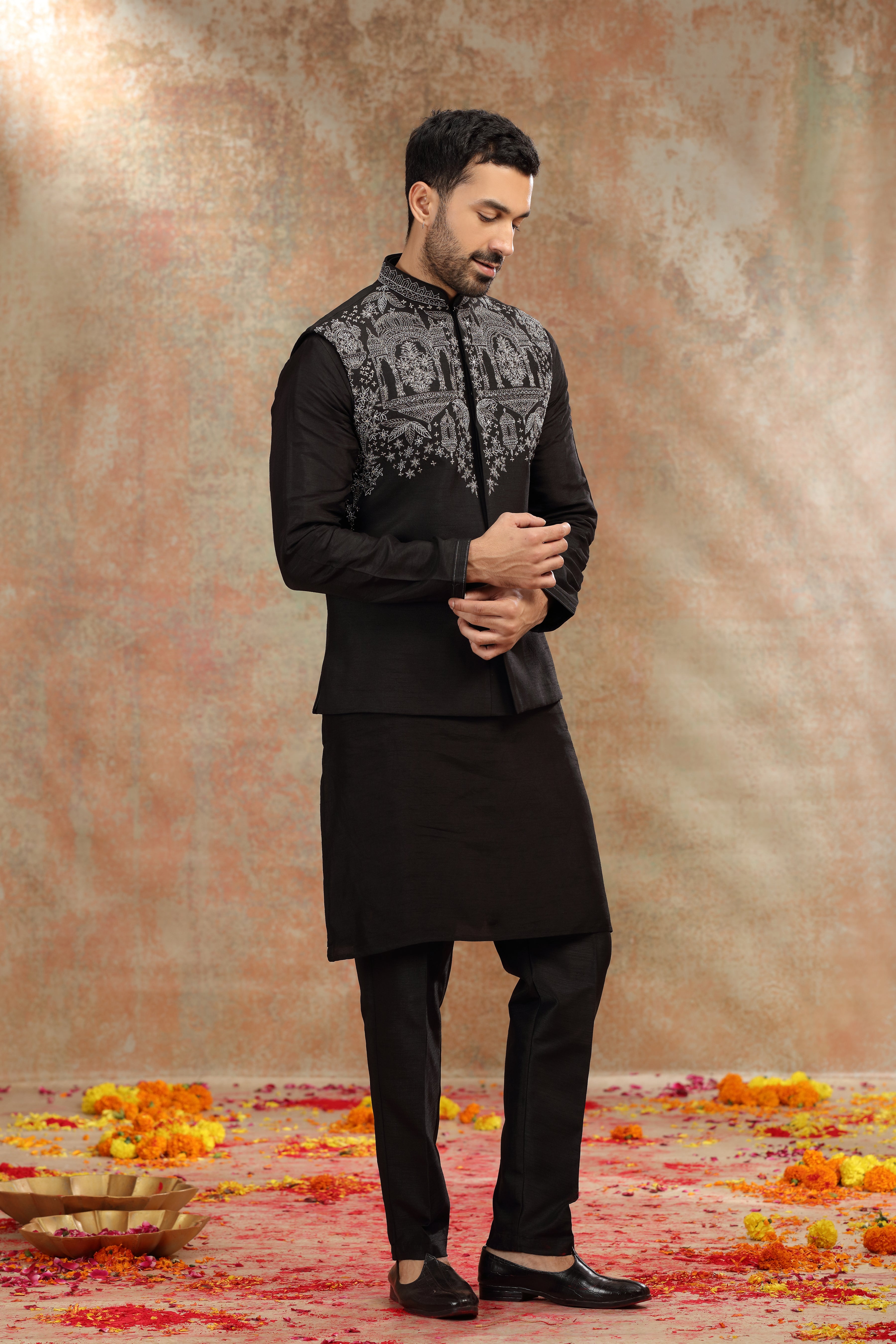 Black Silk Koti Kurta with Kasab, Cutdana and Sequins Work