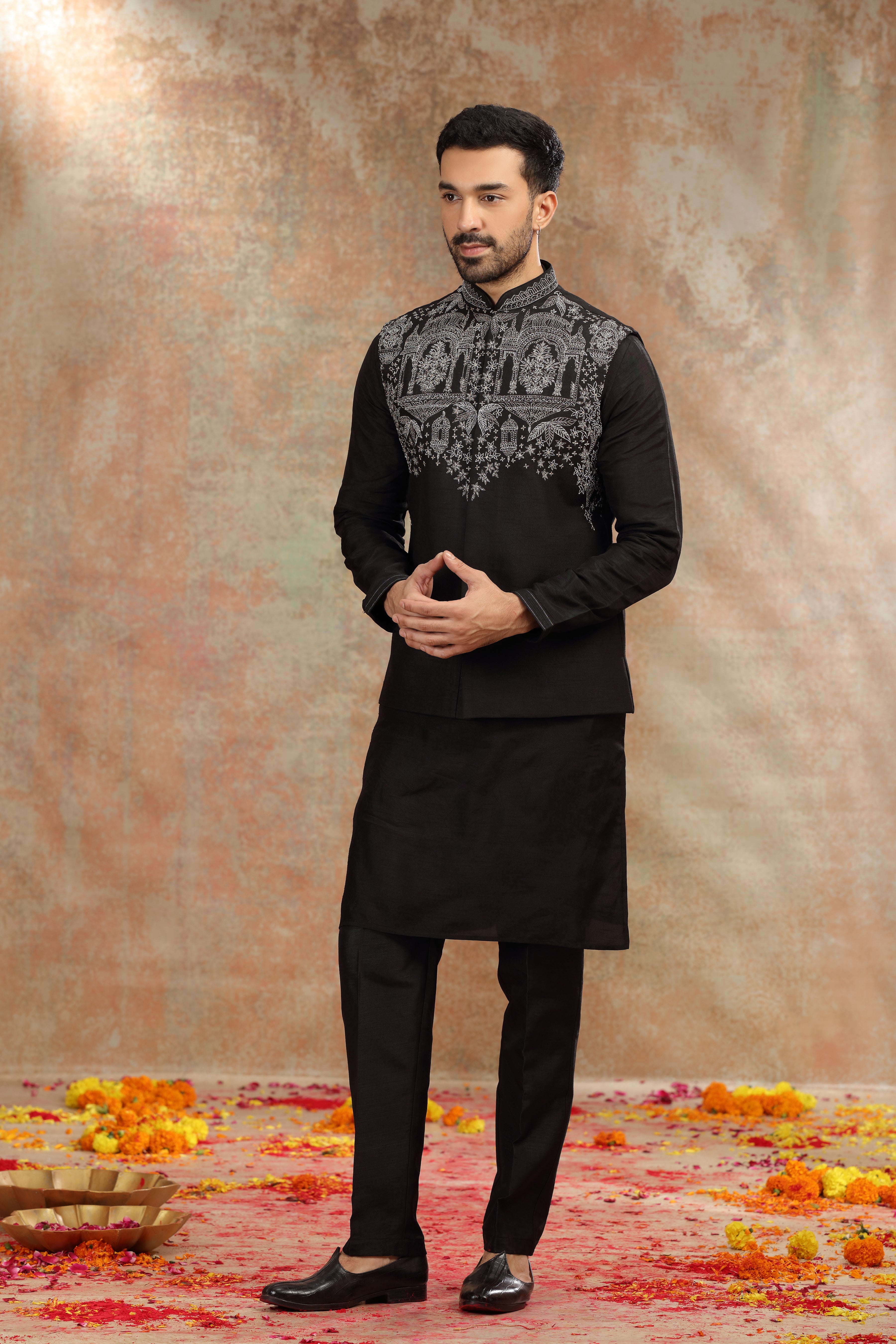 Black Silk Koti Kurta with Kasab, Cutdana and Sequins Work